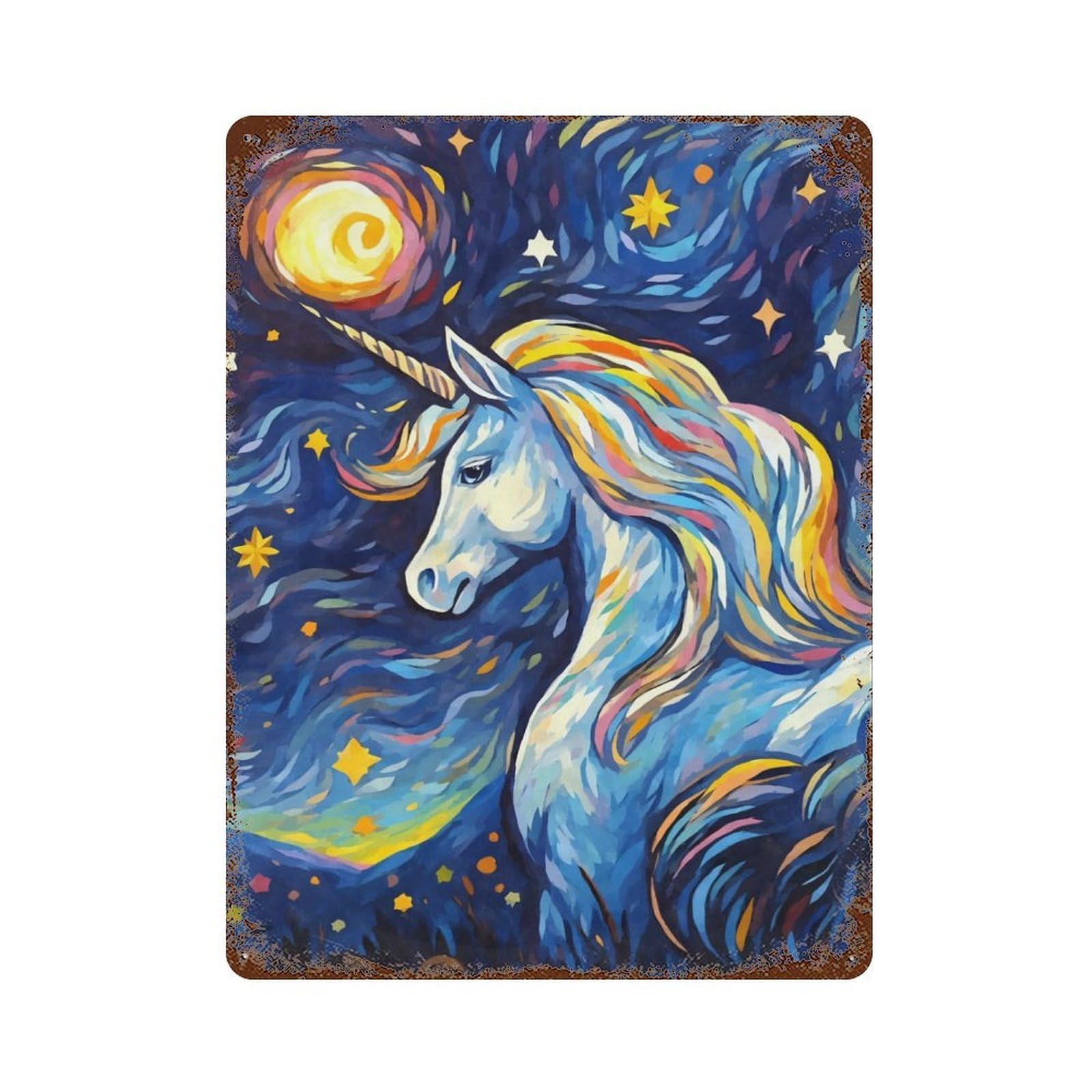 Cute Starry Night Unicorn Weathered Tin Sign 15.7"x11.8", Rustic Home Decor for Office, Studio And Wall Decor