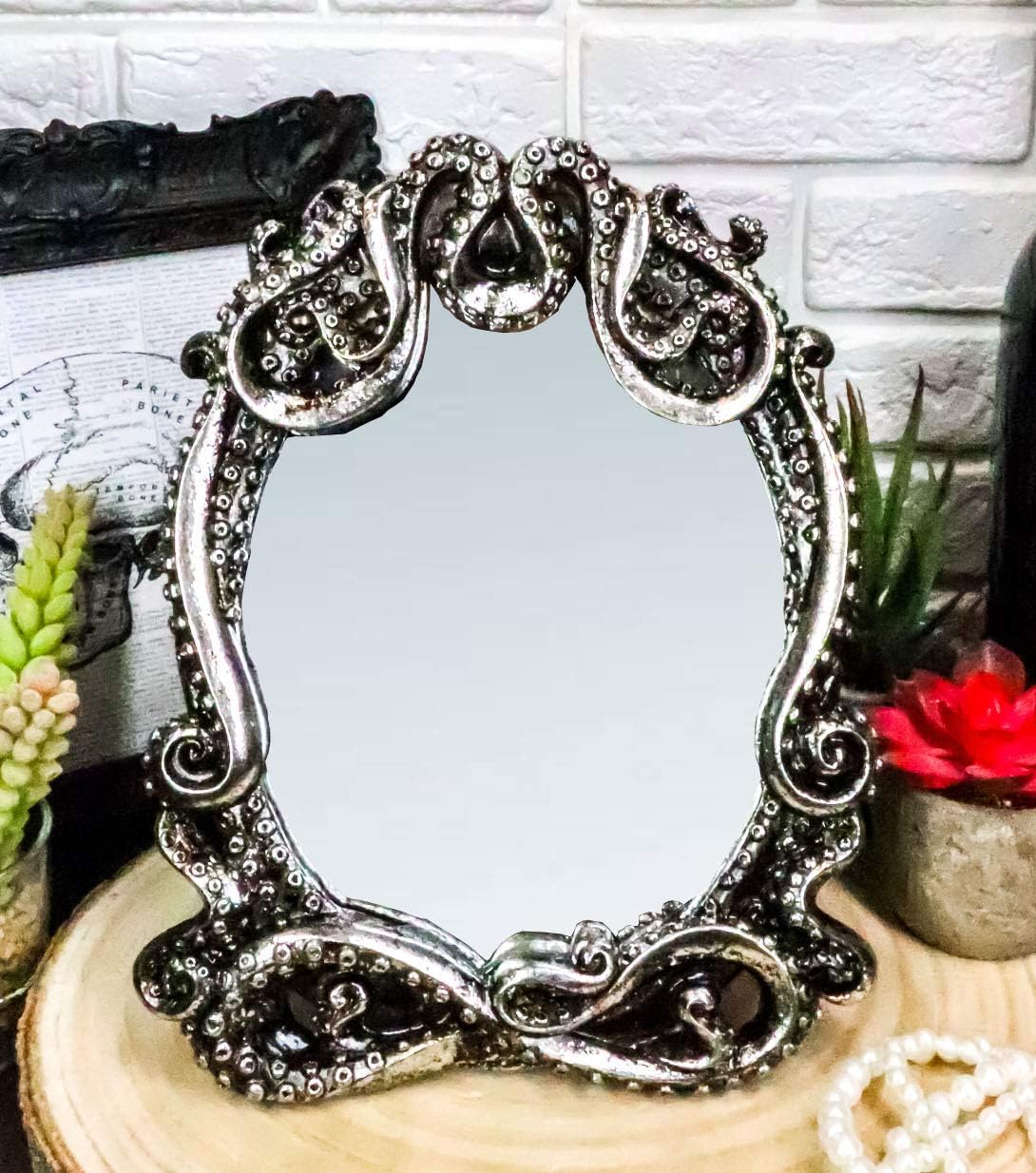 Ebros 9" Tall Vintage Silver Marine Sea Monster Kraken Cthulhu Octopus Tentacles Desktop Vanity Table Or Small Wall Mirror Figurine Decor Legends Myths and Fantasy Accent