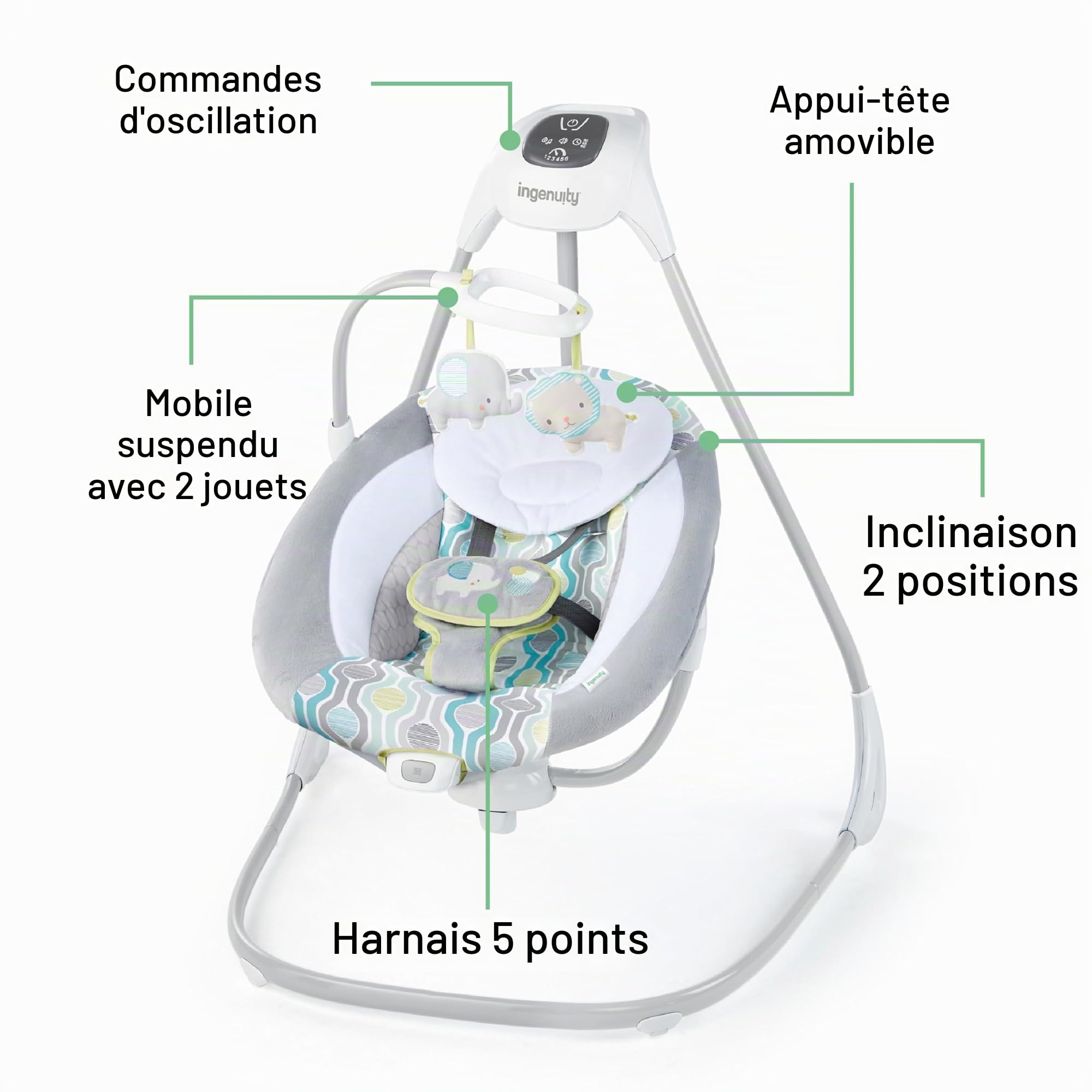 Ingenuity Balancelle Toutconfort Everston, 6 vitesses, 3 sens de balancement, 8 mélodies,3 sons de la nature, mobile avec 2 jouets en peluche, siège tourne à 180 degrés, dès la naissance à 9 kg