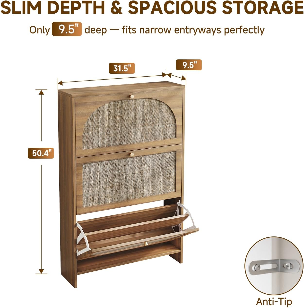 Nicetree Freestanding Ultra Slim Arched Rattan Accent Shoe Storage Cabinet for Entryway - 3 Flip Drawers & 3-Tier Adjustable Shelves, Farmhouse Modern Rustic Shoe Rack for Hallway Foyer,Oak