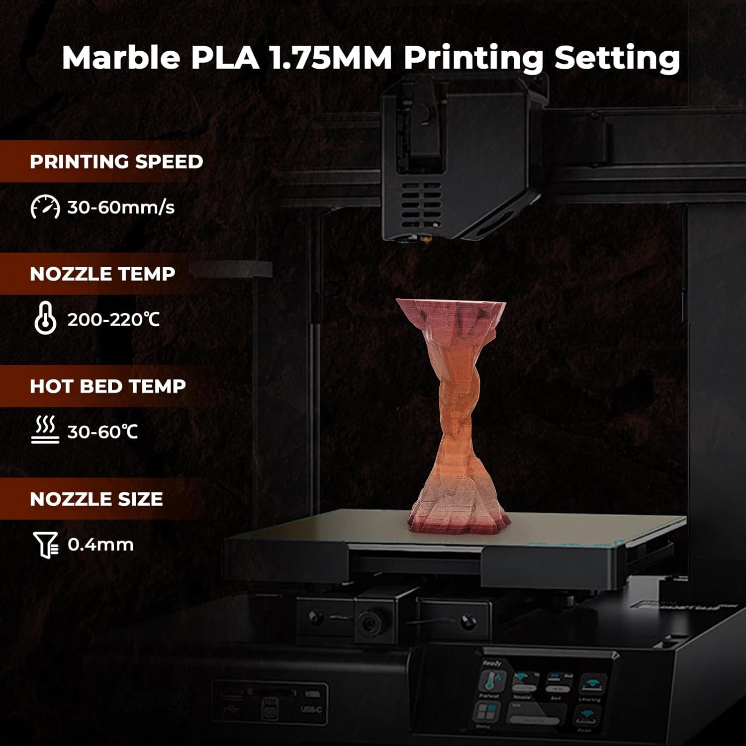 AMOLEN Rock PLA Filament 1.75mm,Rainbow Marble PLA 3D Printer Filament, 1kg Spool (2.2lbs), 3D Printing Filament Dimensional Accuracy +/- 0.02 mm, Fit Most FDM Printer (Red Limestone)