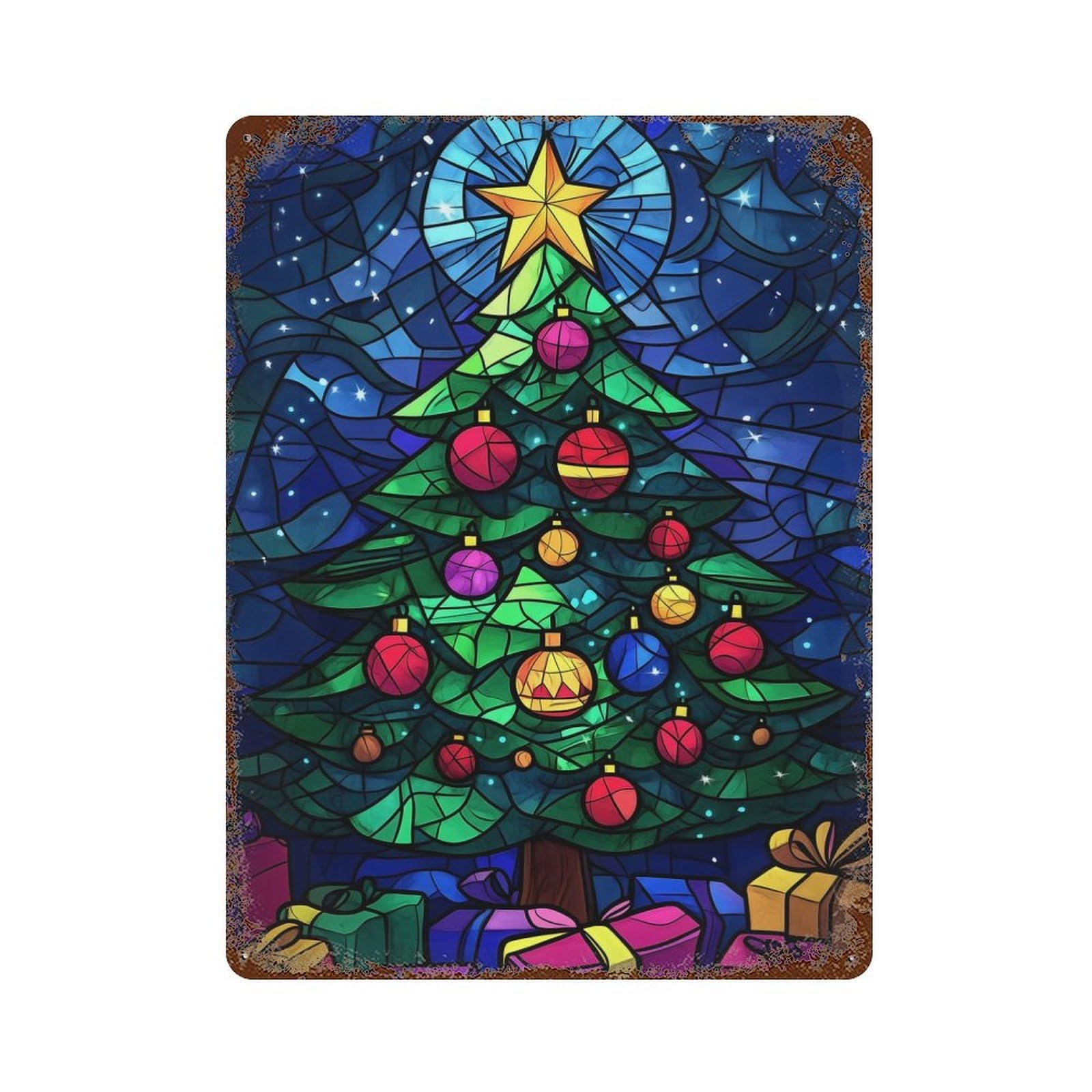 Christmas Tree Stained Glass Art 15.7"x11.8" Aged Metal Wall Plaque, Retro Wall Decor for Farmhouse, Kitchen And Entryway Decor