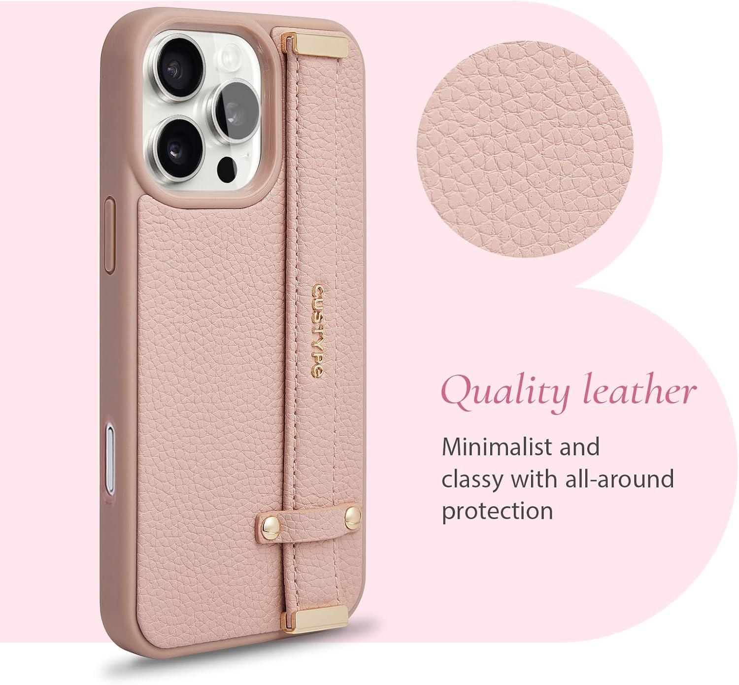 CUSTYPE Compatible with iPhone 16 Pro Case with Adjustable Wristband Strap Kickstand,handstrap Grip Loop Strap Leather Case for Women Girl for iPhone 16 Pro 6.3inch-Pink - Image 2