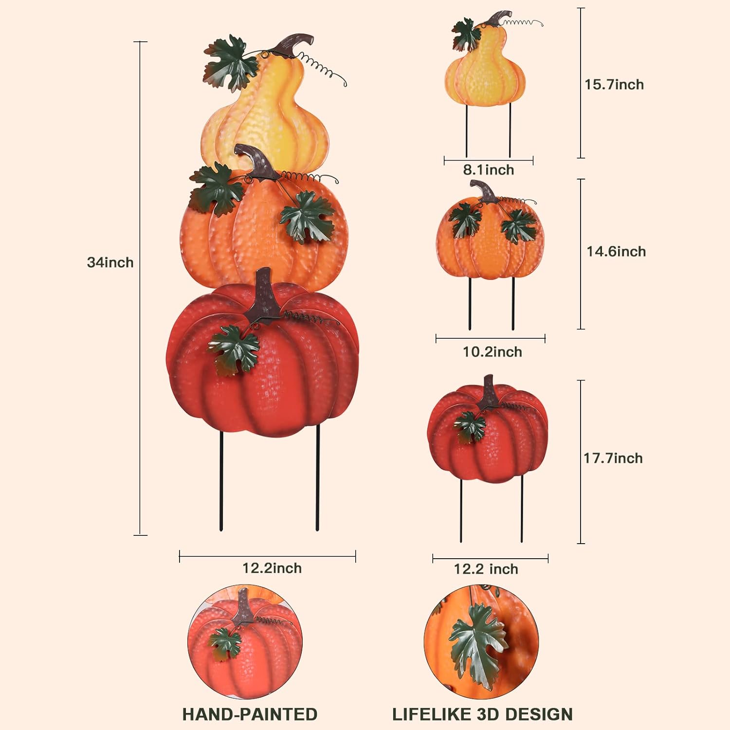 hogardeck Outdoor Fall Decorations for Home, 34" Decorative Garden Stakes with 3 Stacked Pumpkins for Fall Decor, Metal Yard Signs for Garden Home Lawn Patio Thanksgiving Decorations