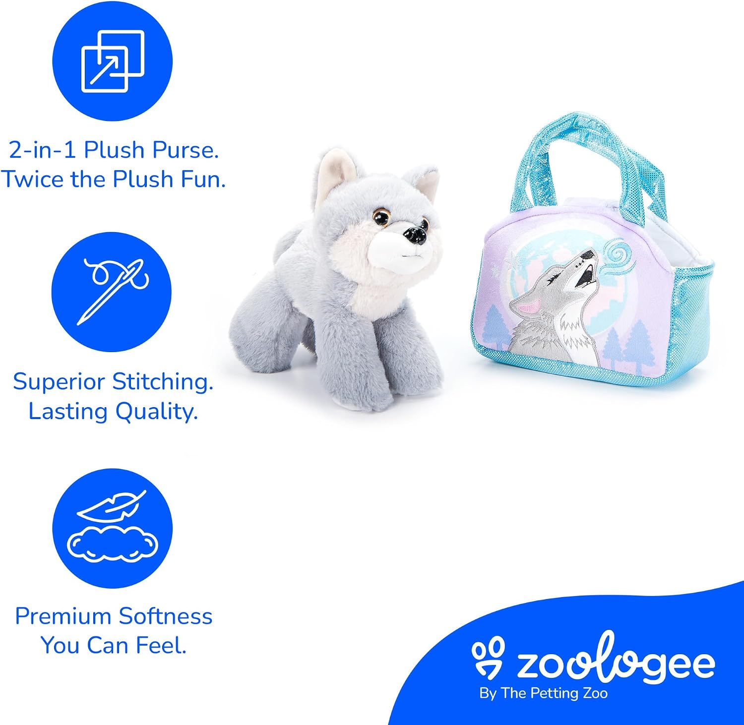The Petting Zoo Wolf Stuffed Animal Plushie and Purse Set, Gifts for Kids, Wildlife Animal Toy, Grey Wolf Plush Toy and Purse Pet Carrier