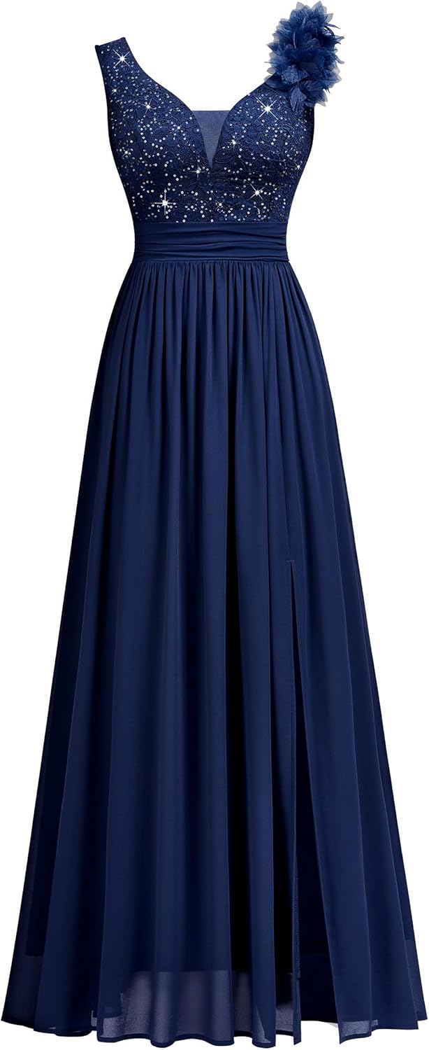 Miusol Women's Vintage V-Neck Sleeveless Sequined Split Formal Evening Maxi Dress - Image 4