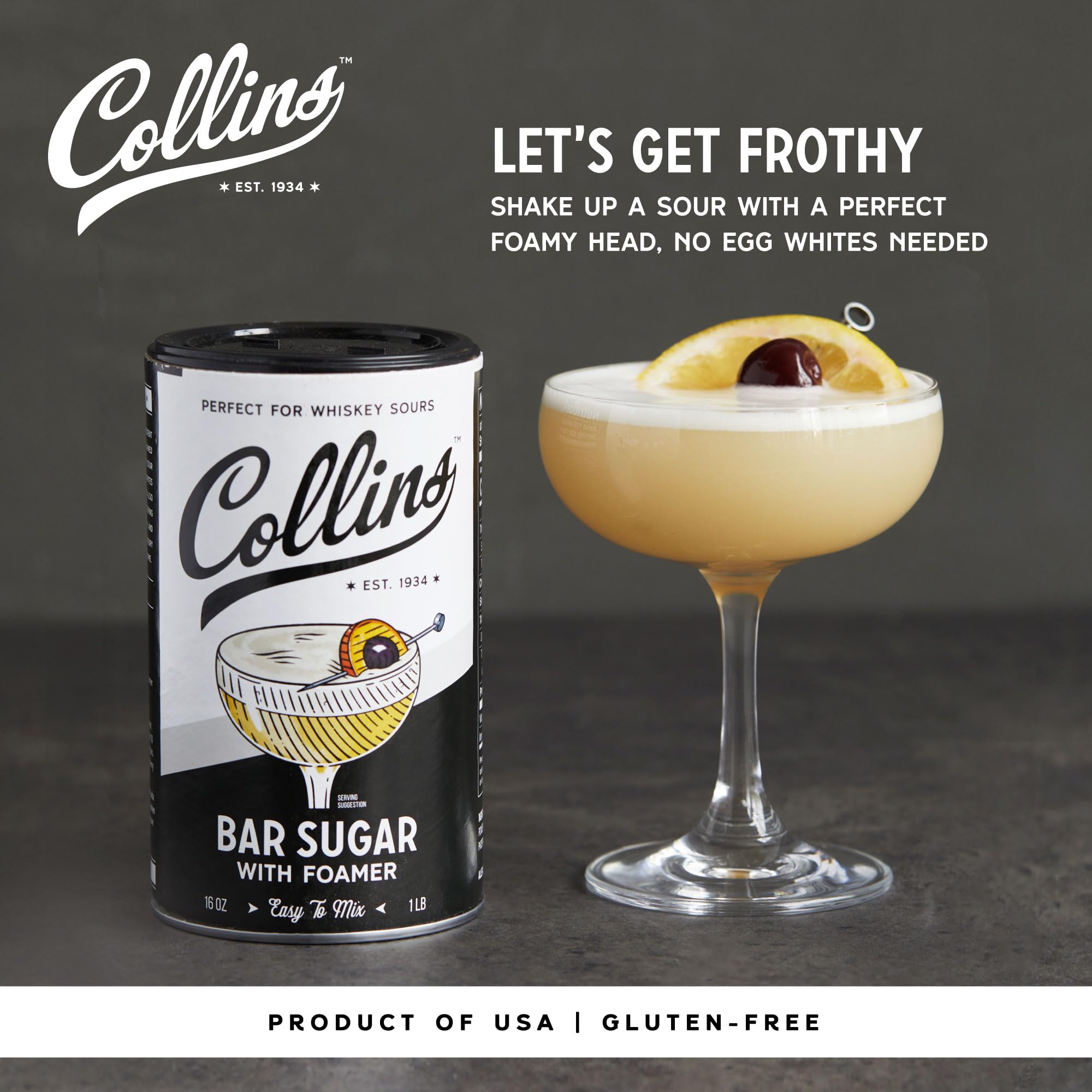 Collins Bar Sugar with Foamer | Create Foam Cocktails and Enhance Texture in Drinks with Cocktail Foaming Agent, Easy Eggwhite Style Drinks, 16oz