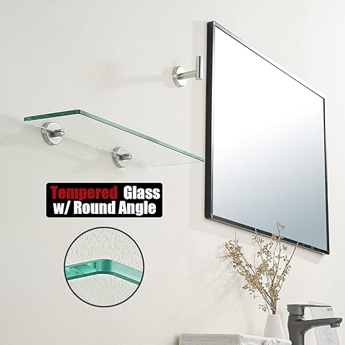 Miniatura 6 de JQK Estante de vidrio de baño de acero cepillado, almacenamiento de ducha de vidrio templado de 16 x 5 pulgadas, soporte de pared cepillado de acero