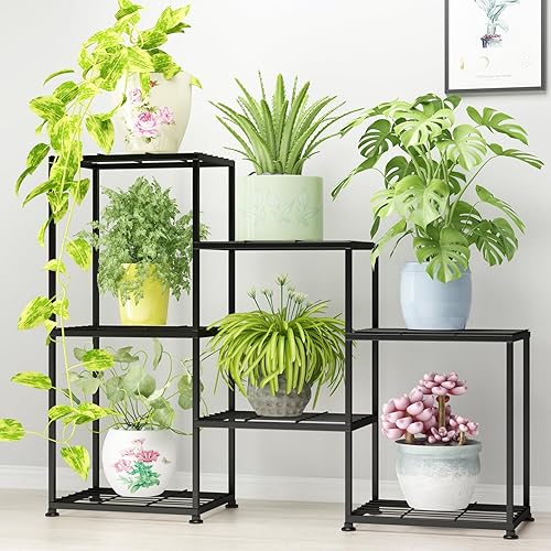 Soportes para plantas de interior, estante de metal escalonado de exterior para múltiples plantas, soporte de 3 niveles para 7 macetas, soporte
