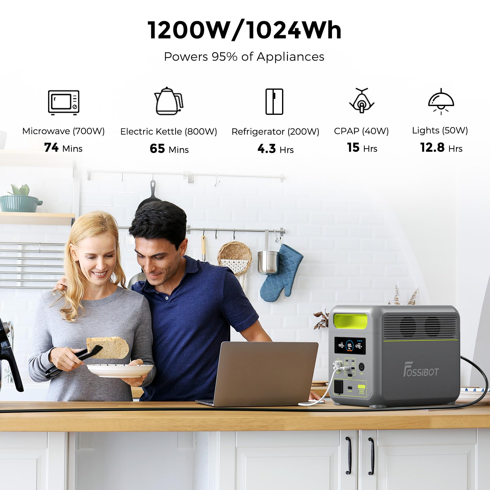FOSSiBOT F1200 Station électrique portable 1024Wh, Générateur Solaire avec 4 Prises Secteur de 1200W (Surtension de 2400W) pour en Extérieur Voyage, Camping avec un Véhicule de Loisirs