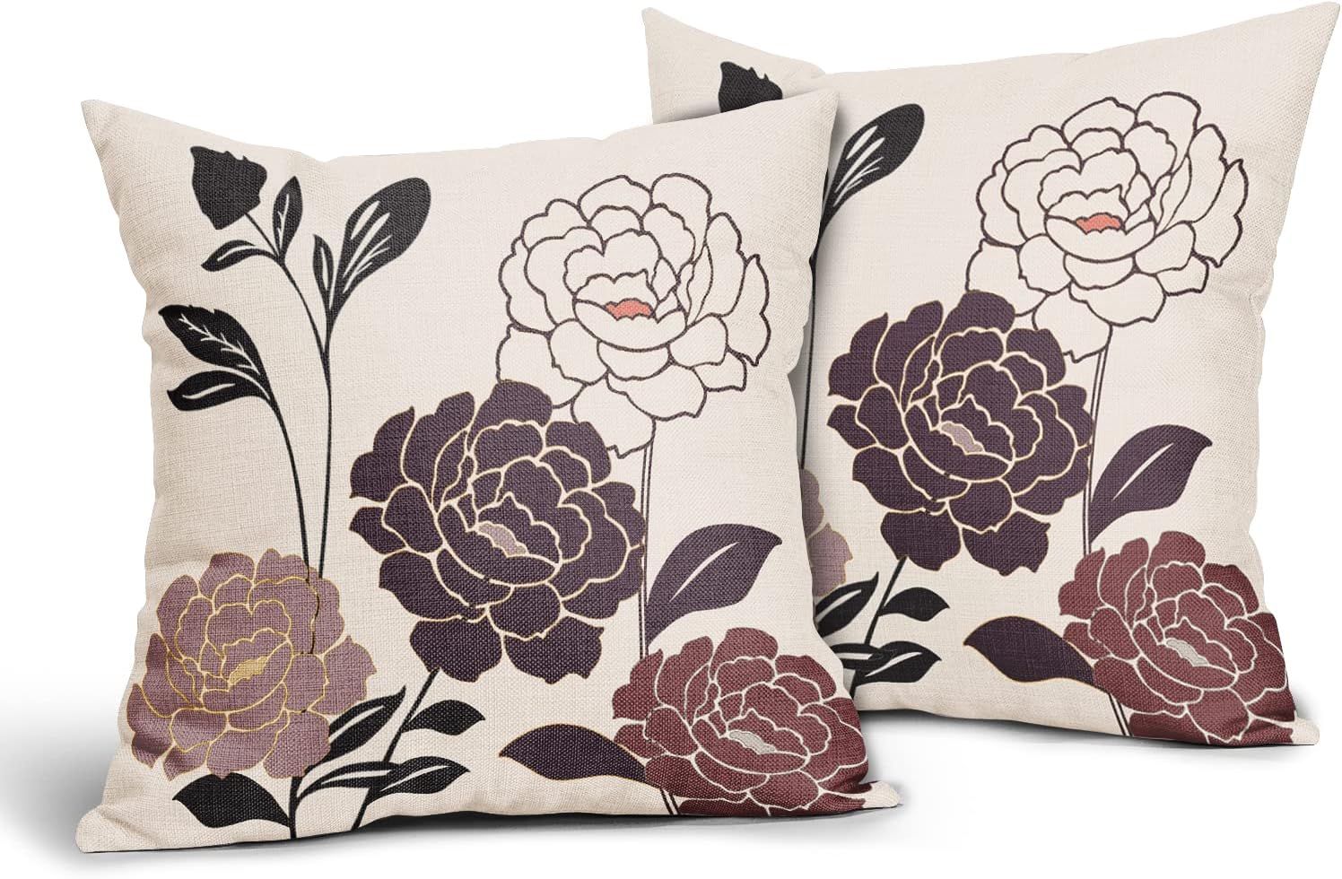 Flowers Outdoor Pillow Covers 20x20 Set of 2, Queen Purple Shiraz Floral Decorative Throw Pillows Cover, Spring Summer Grape Purple Leaf Linen Square Pillowcase Decor Gifts for Home Patio Couch Sofa