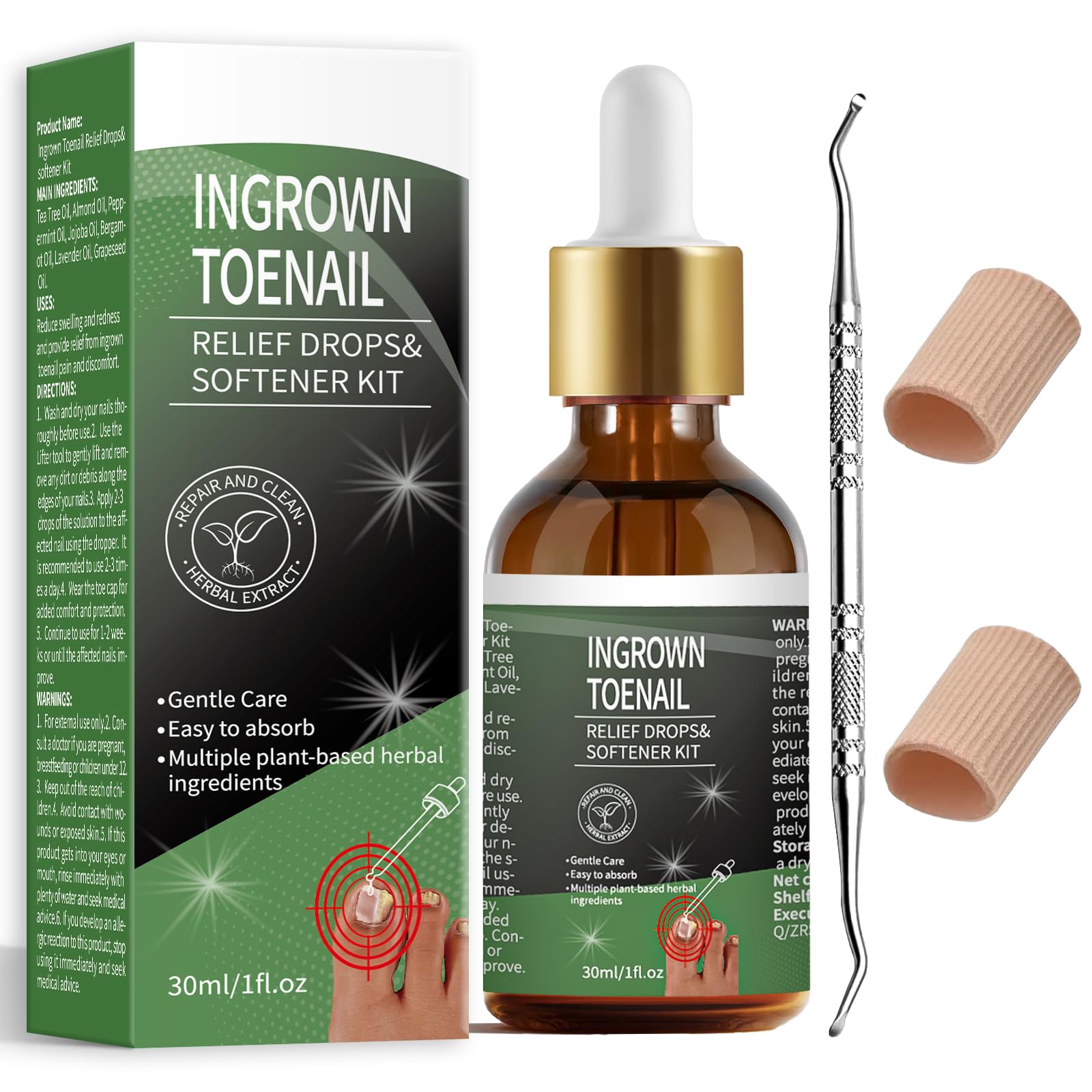 Ingrown Toenail Treatment - Ingrown Toenail Pain Reliever and Softener Kit for Easy Trimming with Silicone Gel Toe Caps-Comprehensive Solution for Pain Discomfort - 30ml