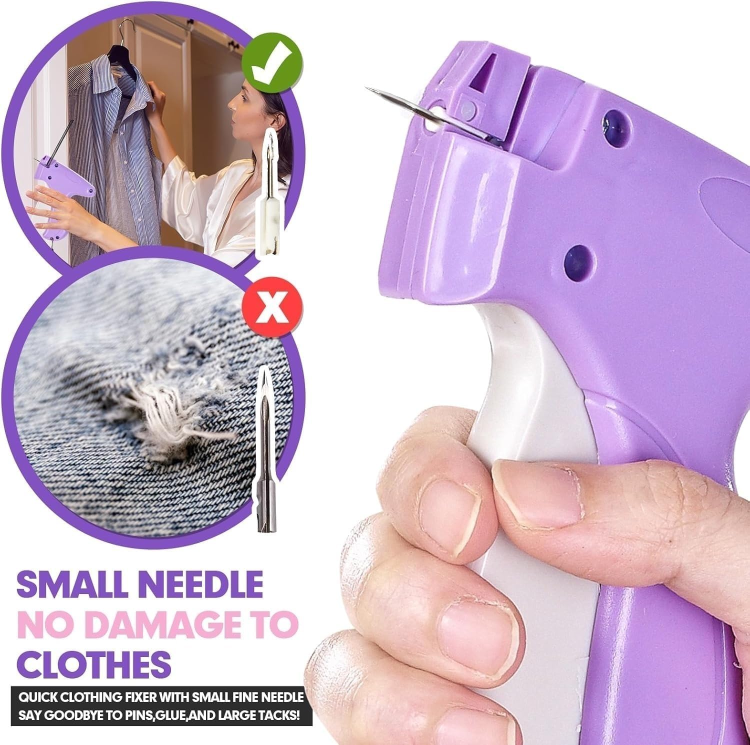 Stitch Gun for Clothes, Quick Stitch Sewing Gun, Handheld Sewing Stapler, Mini Hemming Gun, Clothing Tack Tool for Fabric Repair and Stitch Fix, Portable Stitcher Machine for Clothing (Purple)