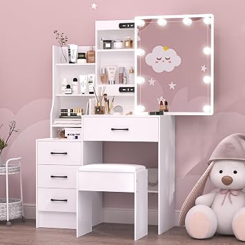Vanity Desk with Mirror and Lights-3 Color and Brightness Adjustable, Vanity Set with Drawers and Chair, White Makeup Vanity Table for Adults