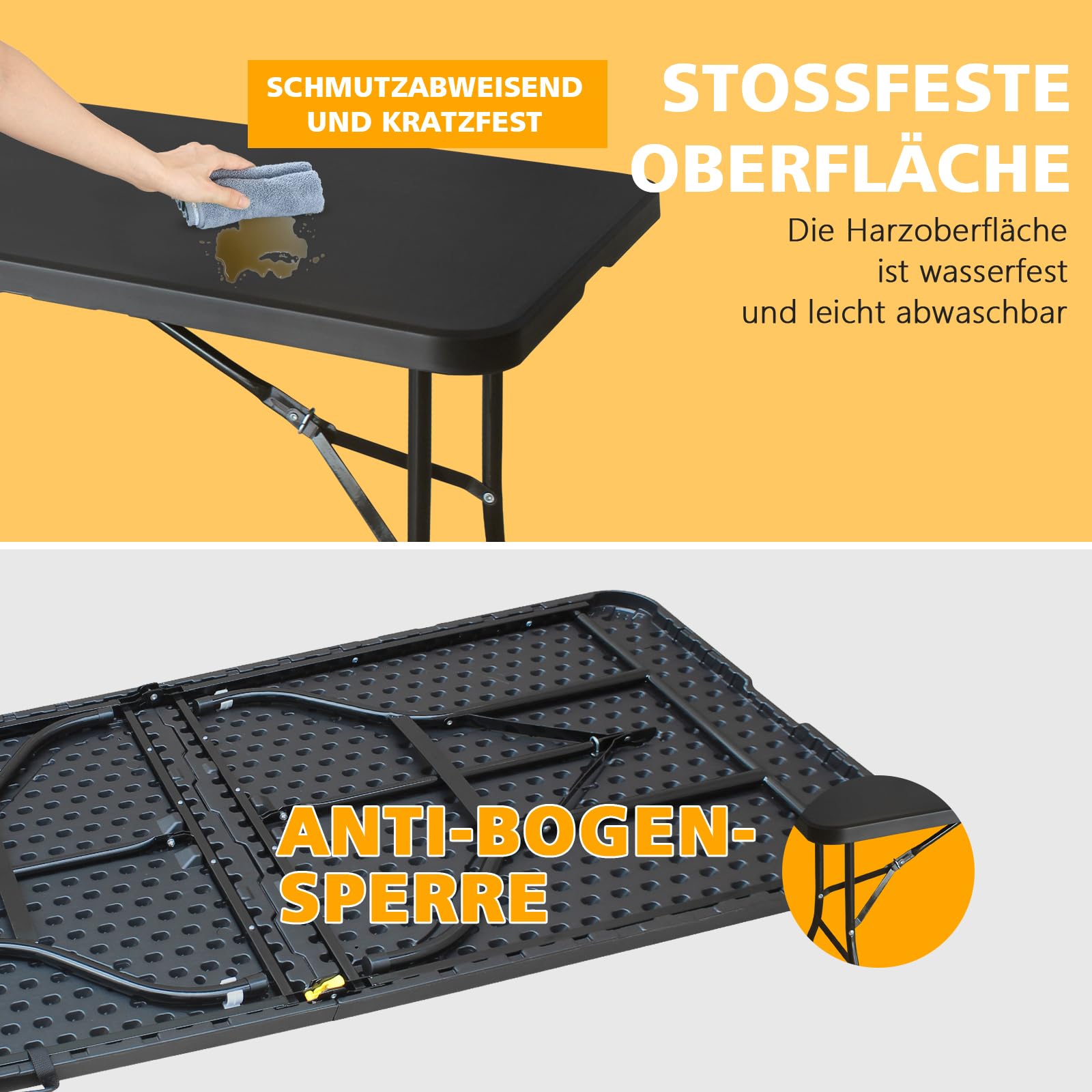 Klapptisch 180x74cm Kunststoff Klappbar Gartentisch Multifunktional Campingtisch mit Griff für BBQ, Camping, Party Schwarz