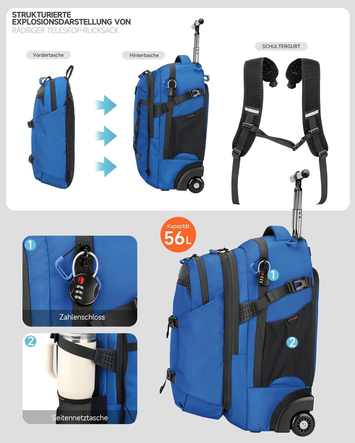 2-in-1 Detachable Rolling Backpack & Daypack, 56L Large Backpacks with Wheels Fits 17 Inch Laptop, Water Resistant, Carry On Luggage for College, Travel, Camping, Hiking Blue image 3