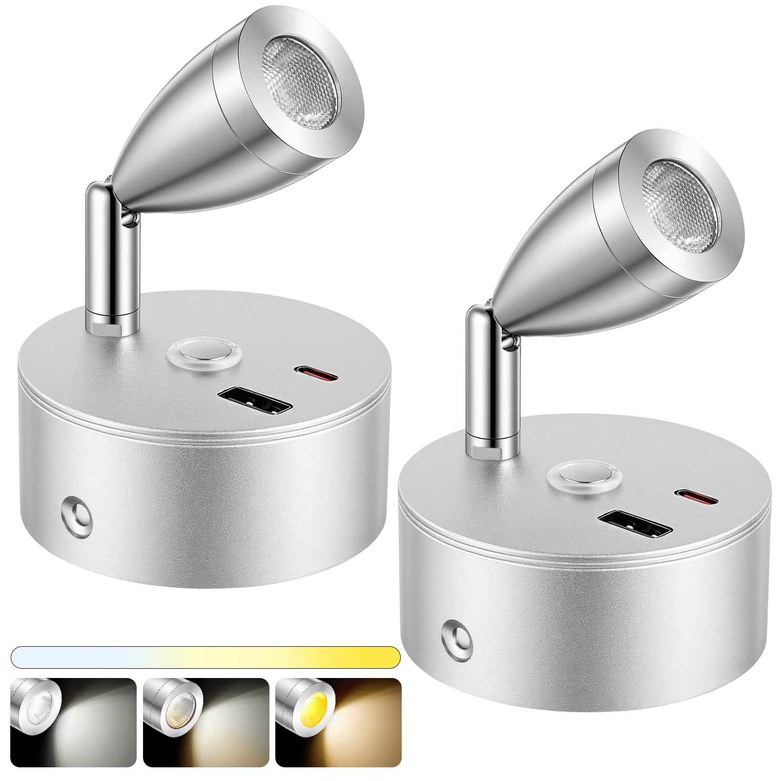 LED Lampes Camping-Car,2PCS Lampe 12V LED Caravane avec 3 Températures de Couleur,12V Lampe de Lecture Lit, Variateur Tactile, Lampes Camping-Car avec Chargeur USB et Type-C(Argent)