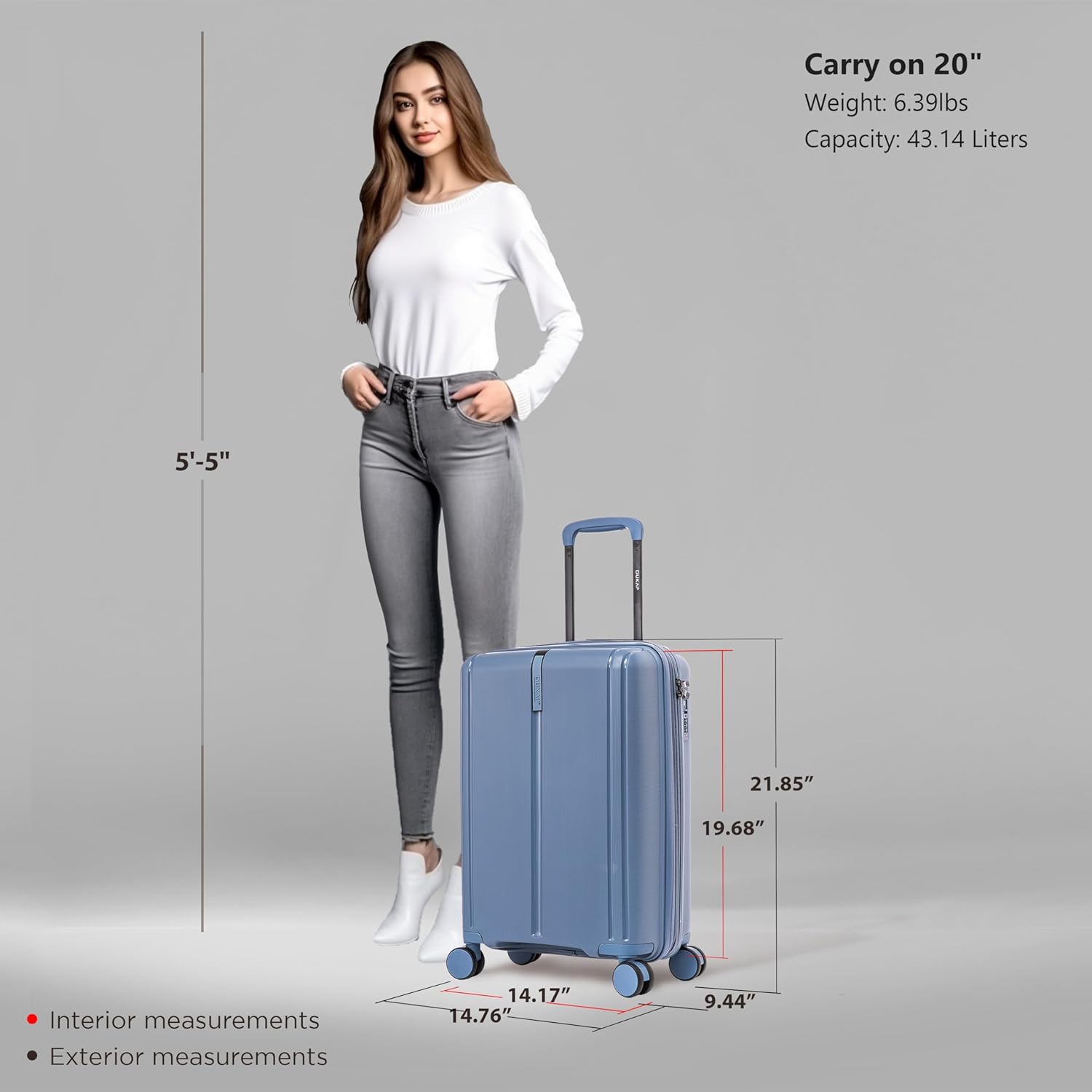 DUKAP AIRLEY Expandable Carry On Luggage with Spinner Wheels | 20 in TSA Approved Hard Shell Travel Suitcase with Combination Lock Retractable Trolley Side Studs and Gel Handles | Blue