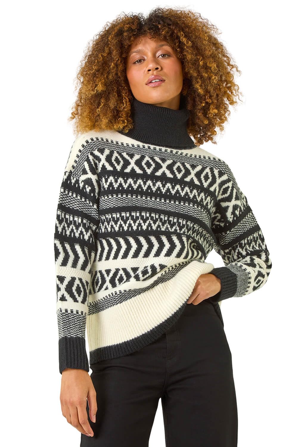 Roman Women's Black Roll Neck Cross Stitch Knit Jumper In Size 20