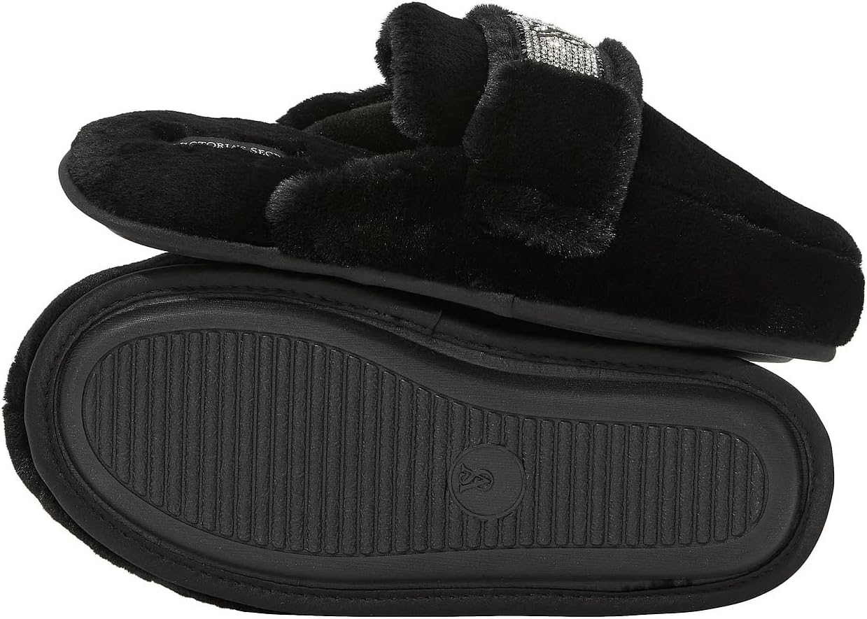 Victoria's Secret Luxe Plush Slide Slippers Black Faux Fur with Rhinestone VS Patch New