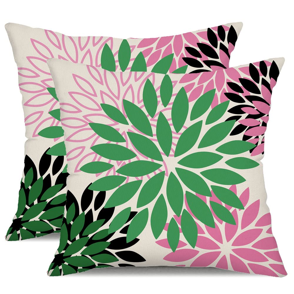 DFXSZ Green Pink Black Flower Pillow Covers 18x18 Inch Set of 2 Outdoor Throw Pillows Outdoor Waterproof Decor for Living Room Sofa Patio Funiture