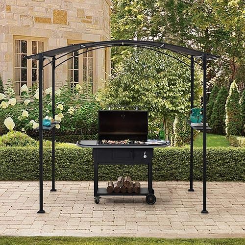 Sunjoy Gazebo para parrilla de 5 x 8 pies, marco de acero negro, cenador superior suave con toldo de arco con estantes para actividades al aire