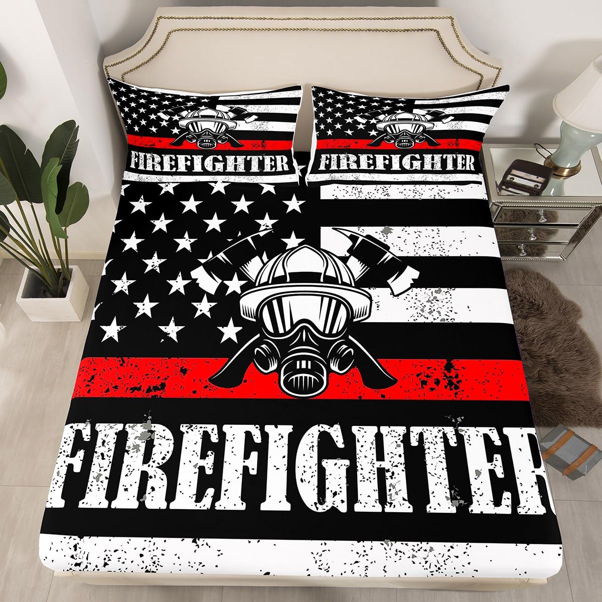 Manfei Firefighter Kids Fitted Sheet Double Size, American Flag Bedding Set for Boys Girls Adults Bedroom Decor, Firefighting Theme Bed Cover, Soft Polyester Bedding, 2 Pillowcases — image 1
