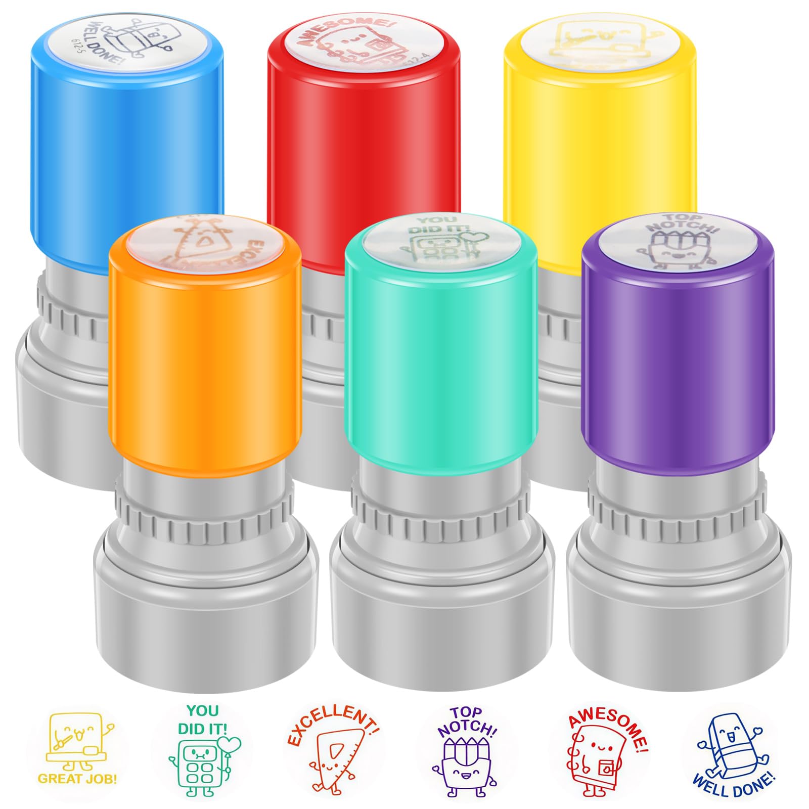 Teacher Self Inking Stamps, Motivational Educational Stamp Set, Colorful Behavior Stamper, Student Reward Cartoon Stamp, for Grading Encouragement Classroom Activity Accessory(6Pcs)