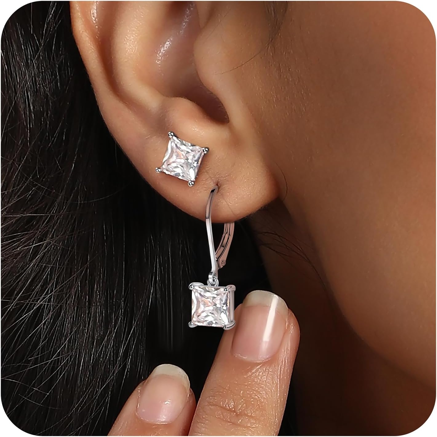 18K White Gold Plated Earrings Round Princess Cut Clear Cubic Zirconia Tear Drop Dangle Earrings for Women Hypoallergenic - Image 3