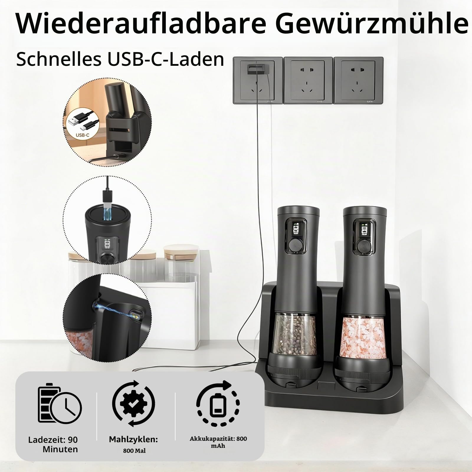 Elektrisches Salz und Pfeffermühlen Set 2-teilig, USB Wiederaufladbar mit Doppelladestation & LED-Anzeige, 95ml Fassungsvermögen, 5-stufig einstellbares Keramikmahlwerk, Küchengeschenk