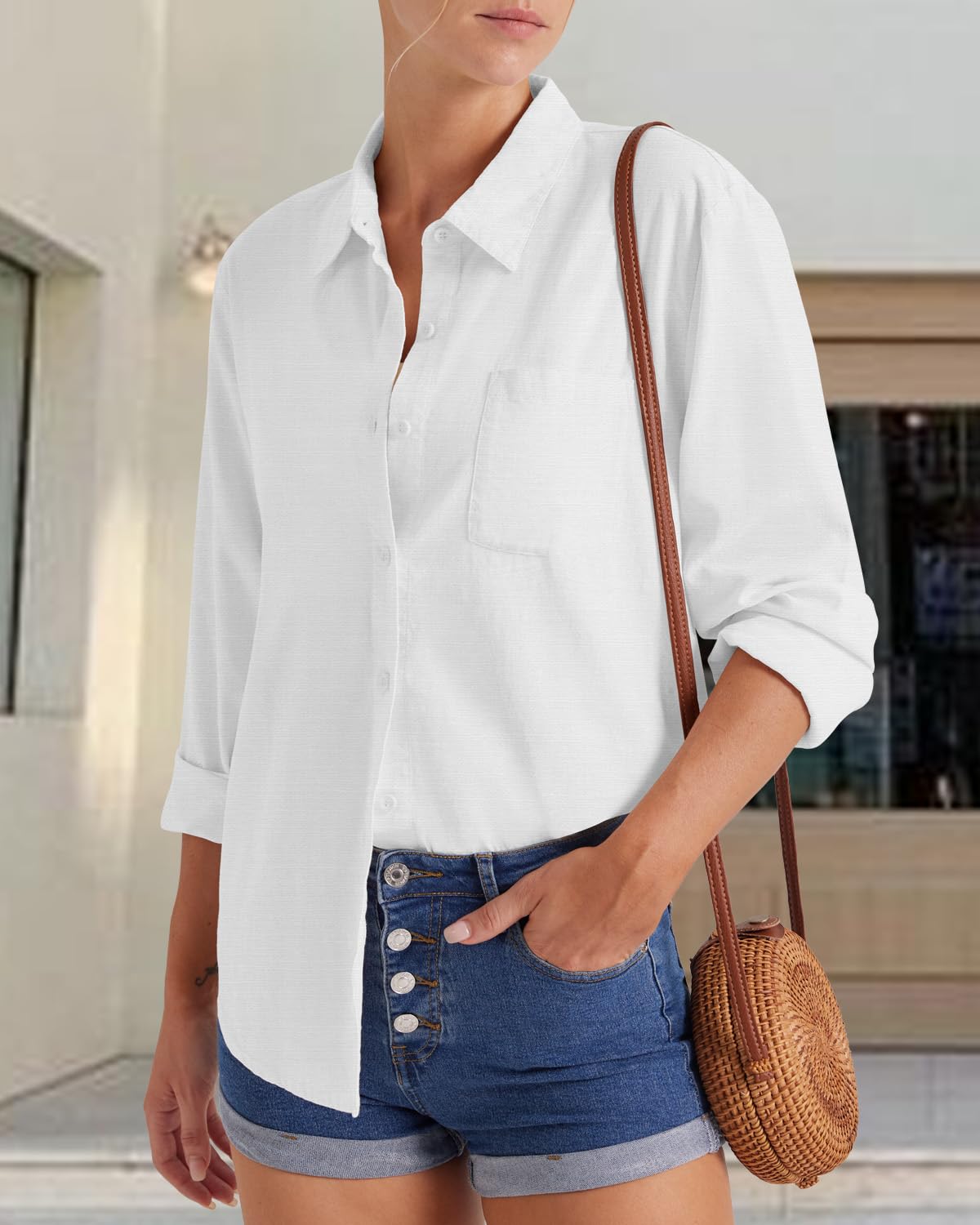 Friptspyg Bluse Damen Lässiges Langarm Hemdbluse Elegant Blusen & Tuniken für Damen V-Ausschnitt 100% Baumwolle Solide Sommer Oberteile mit Tasche