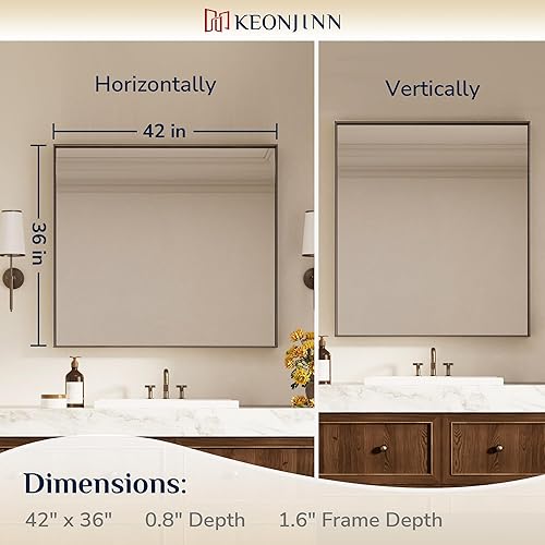 Miniatura 204 de Keonjinn Espejo de baño dorado de 48 x 36 pulgadas, espejo rectangular con marco de metal dorado cepillado, espejo de pared grande rectangular