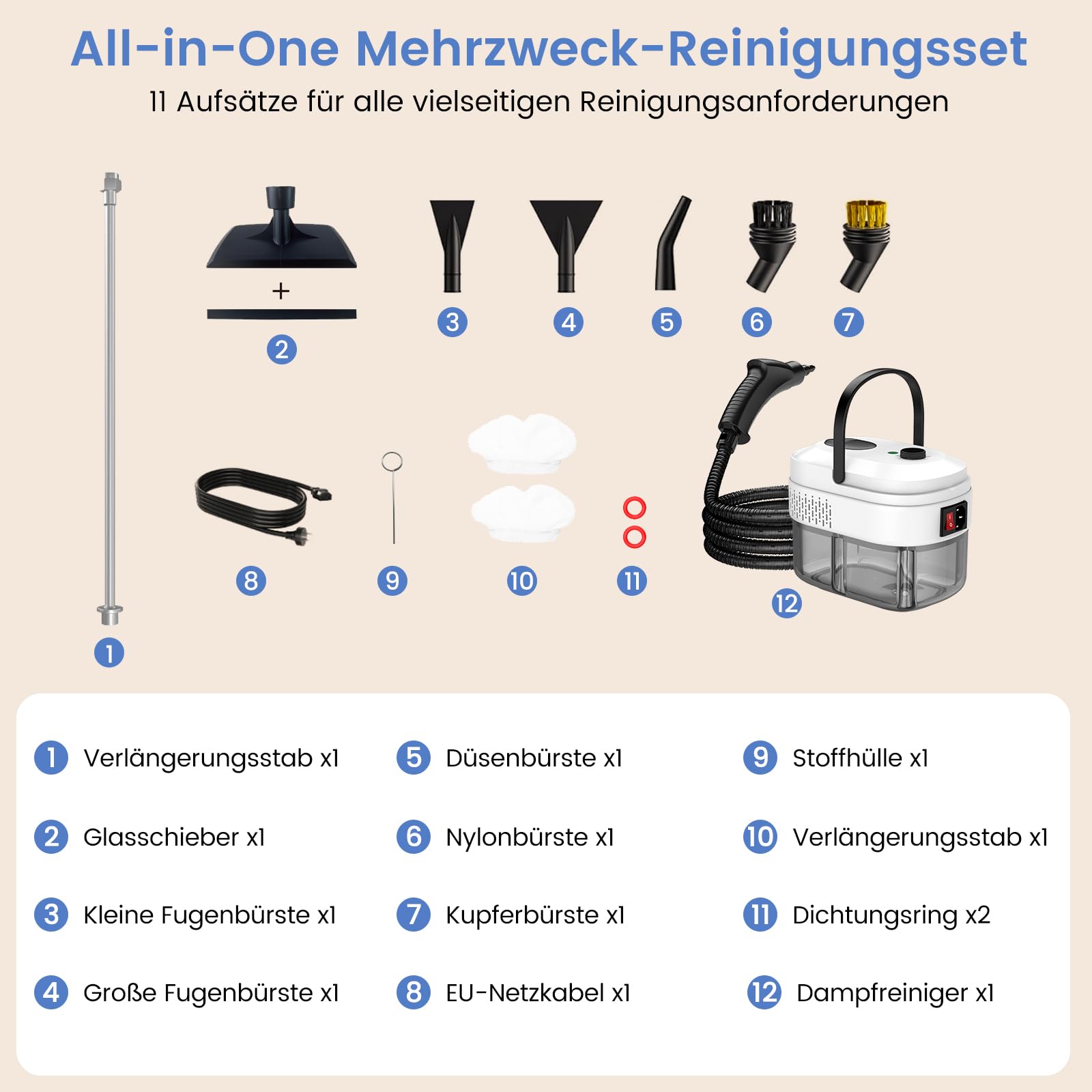 Granarbol Fettlösend Handgerät Dampfreiniger für Alles,1400ml/4Bar/105℃ Steam Cleaner,15s Schnellheizung Handdampfreiniger mit 8PCS Ersatzbürste für Boden,Auto,Polstermöbel,Fliesen,Teppich,Badezimmer