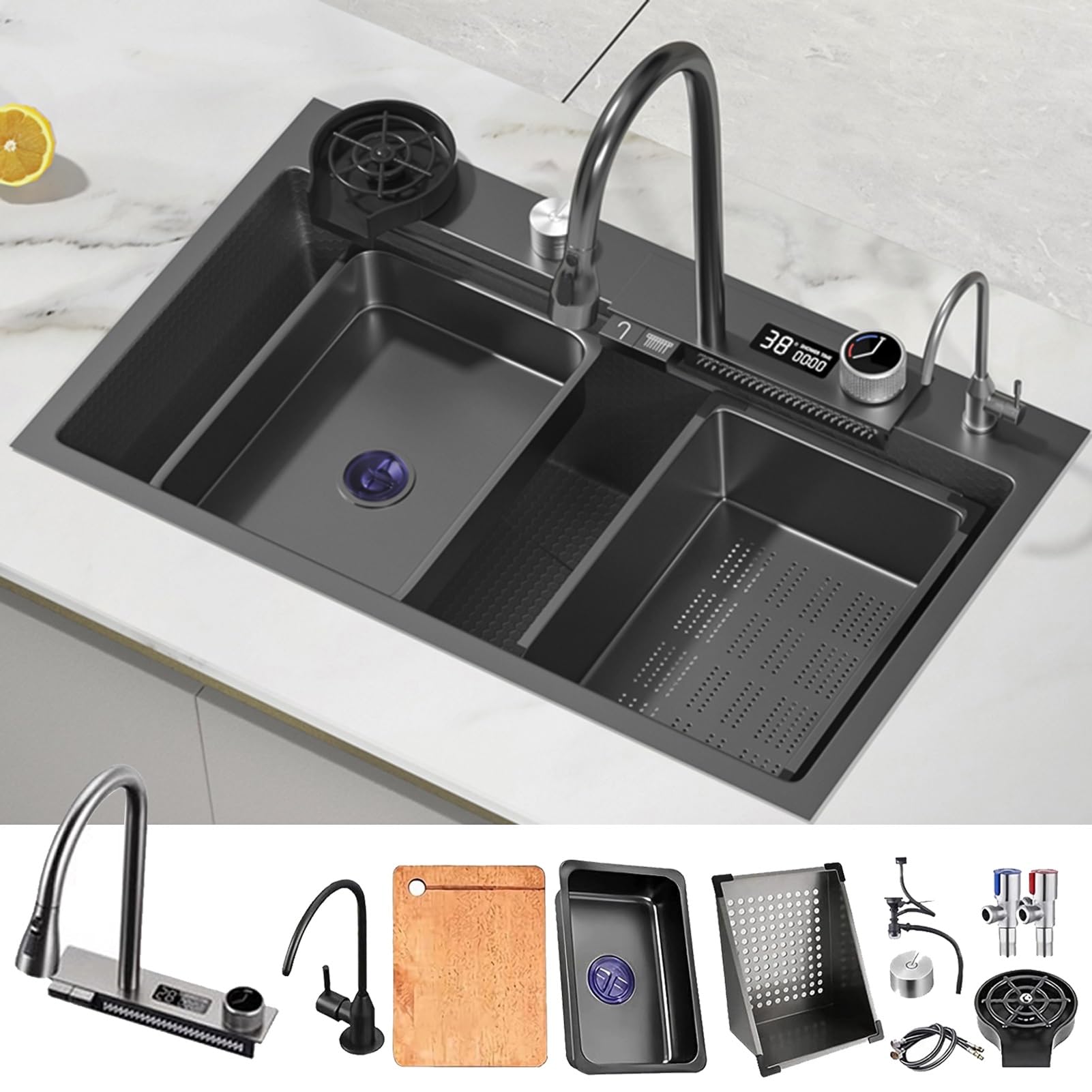 Fregadero de cocina tipo cascada, con pantalla de temperatura LED para sacar el grifo, tabla de cortar, arandela en forma de taza 304 fregadero de cocina de acero inoxidable (Color : negro,