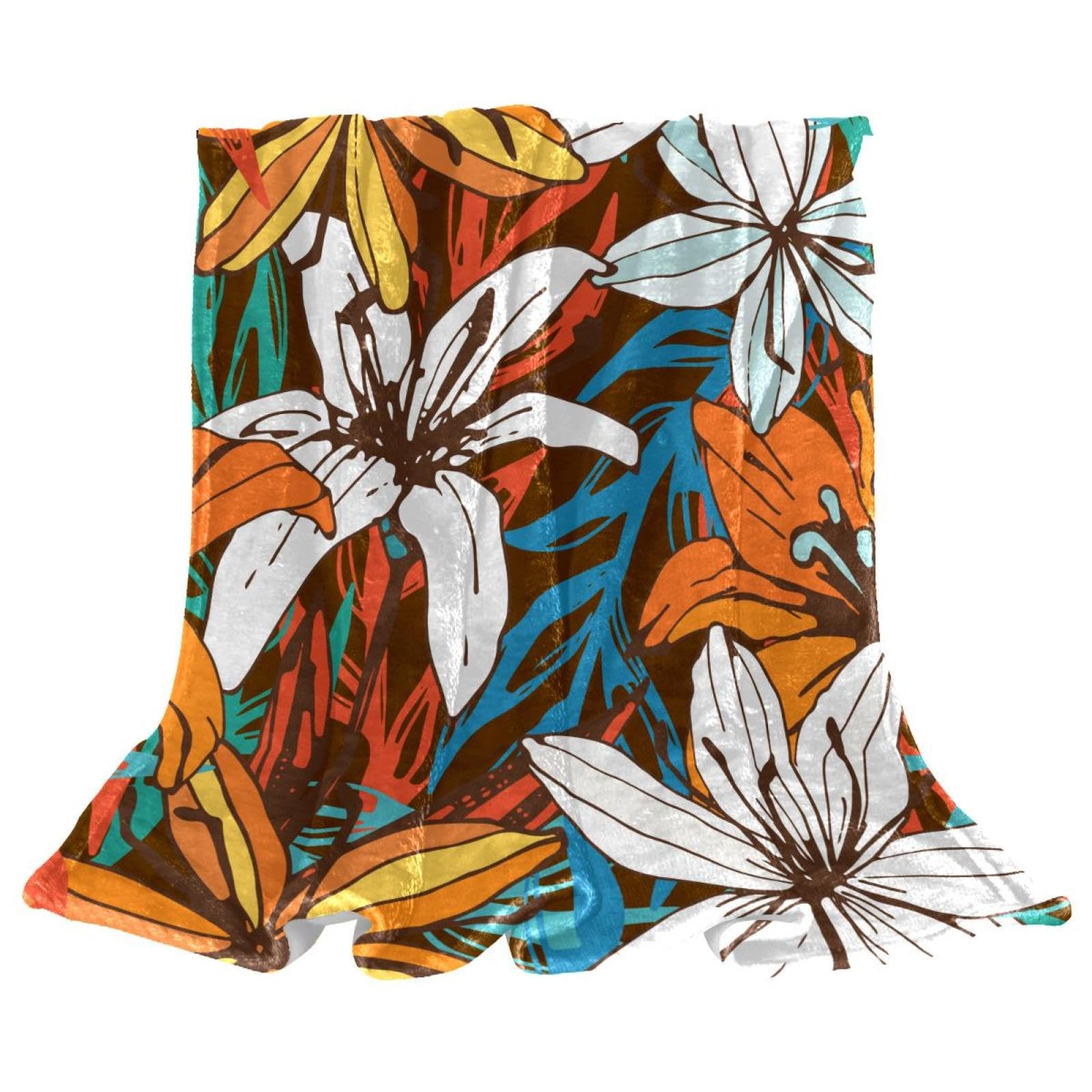 Plaid polaire fleur blanche orange pour décorer un canapé cosy salon 130x150