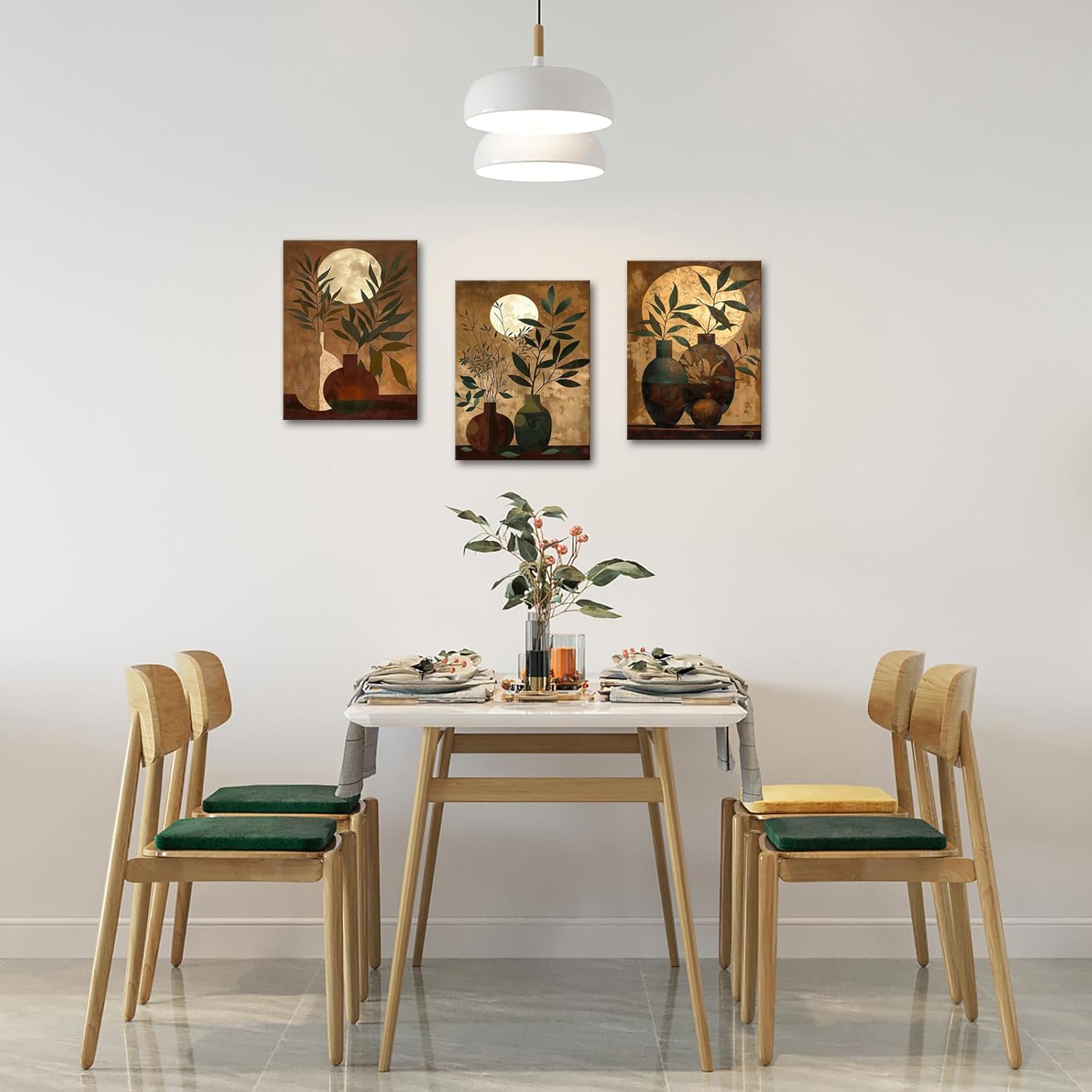 ChaudArt 3 Pieces Green Branch in Brown Vase with Moon Decor Paintings Modern Canvas Wall Art Decor Artworks Pictures for Living Room Bedroom Kitchen Decoration