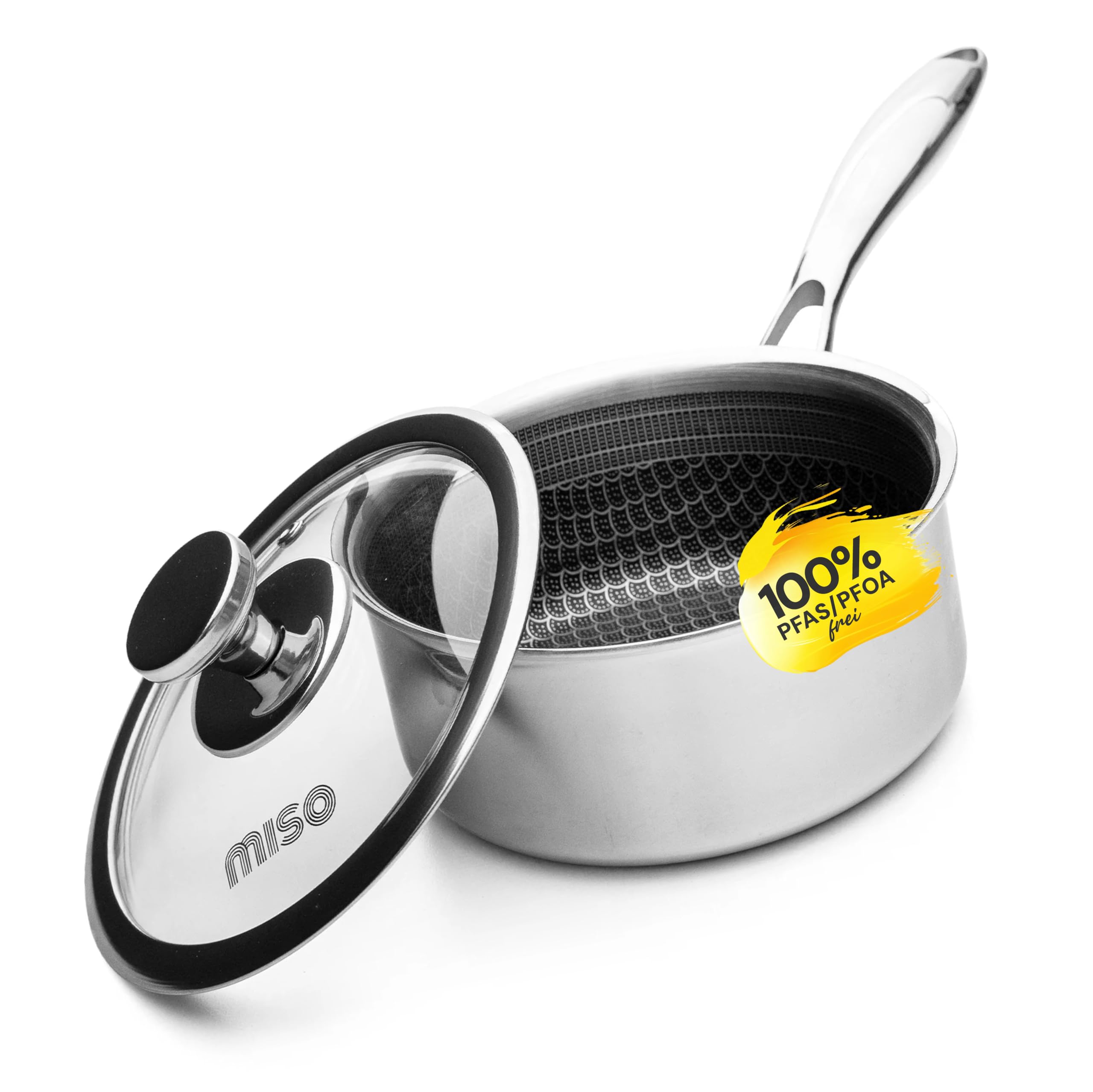 MISO Stielkasserolle mit Deckel 16cm (1,6L) Diamond Dust Keramik Non-Stick, Hochwertige Kasserolle aus Tri-Ply Edelstahl, 100% PFAS-frei, Induktion, spülmaschinen- & ofenfest