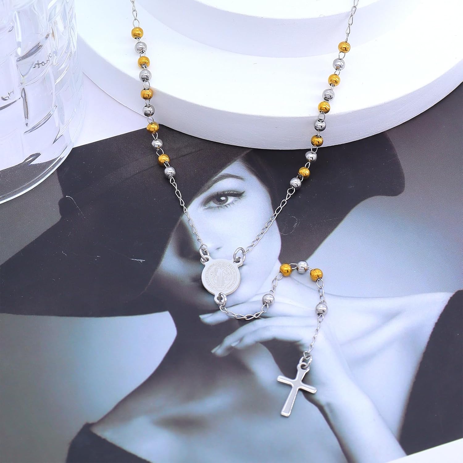 Long Cross Necklaces for Women, Silver Chunky Cross Virgin Mary Necklace,Long Chain Y Necklace Baptism Gifts - Image 5