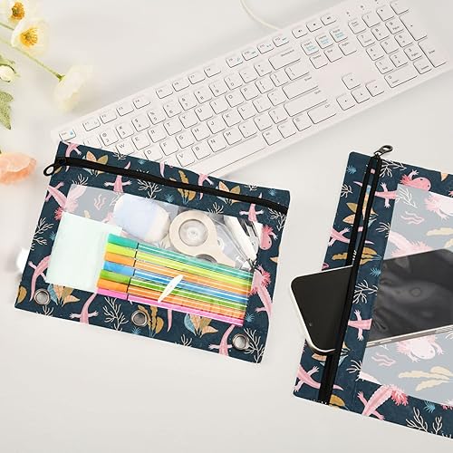 Miniatura 3 de Axolotl - Estuche para lápices para 3 anillas, con bolsillos para carpeta, con cremallera suave, estuche oscuro liso para organización, suministros