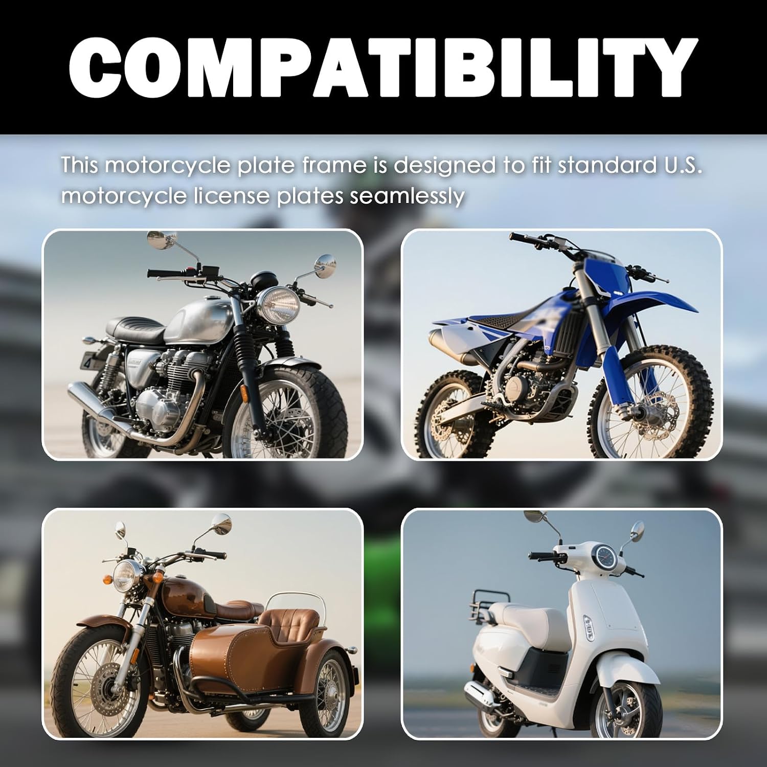 Motorcycle License Plate Frame Kit Stainless Steel,All-in-One Motorcycle License Plate Bracket Kit with Fastening Screws & Caps,Motorcycles Plates Frame for Most Motorbike