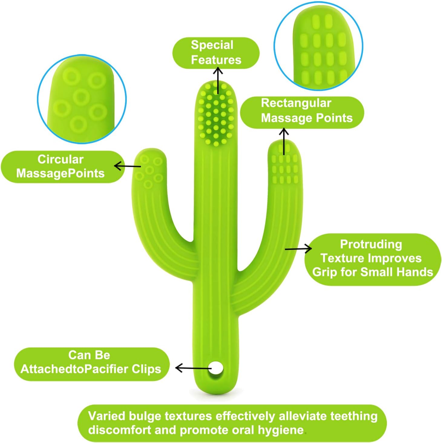 PandaEar Baby Training Massaging Cactus Toy Teether Toothbrush | Soothes Gums Promotes Healthy Oral Development | Food Grade Soft Safe BPA-Free Silicone | Babies Toddlers Infants |0-24 Months Green