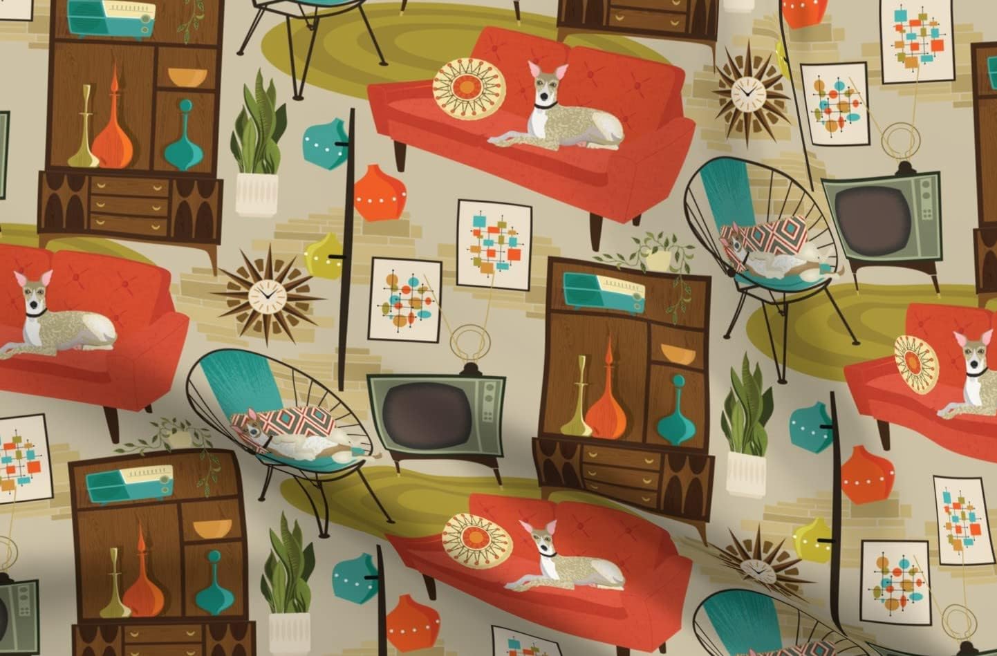 Spoonflower Fabric - 1960S Retro Vintage Mid-Century Whippet Greyhound Rec Room Dog Atomic Printed on Chiffon Fabric by The Yard - Sewing Fashion Apparel Dresses Home Decor