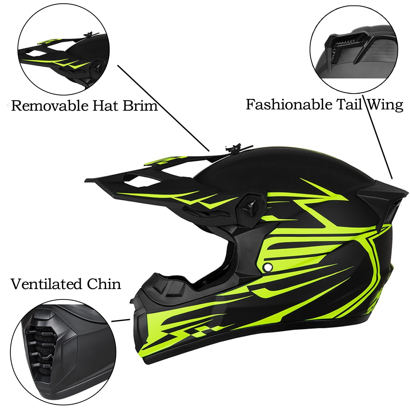 Casco Motocross Juvenil - Diseño con Alerón Trasero Estilizado + Kit Completo (Gafas & Guantes & Máscara) para Quad/MTB/BMX(As Yellow,M(54~55cm))