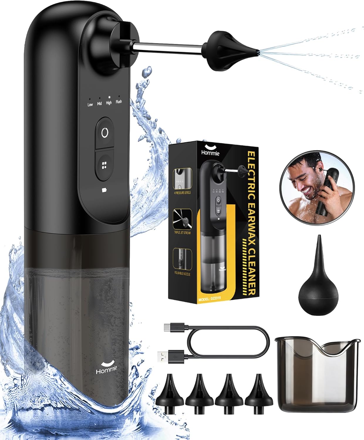 Hommie Electric Ear Wax Removal System, Water Powered Ear Cleaning Tool with Irrigation Flusher, 4 Tips, 4 Pressure Settings for Ear Wax Flushing and Cleaning