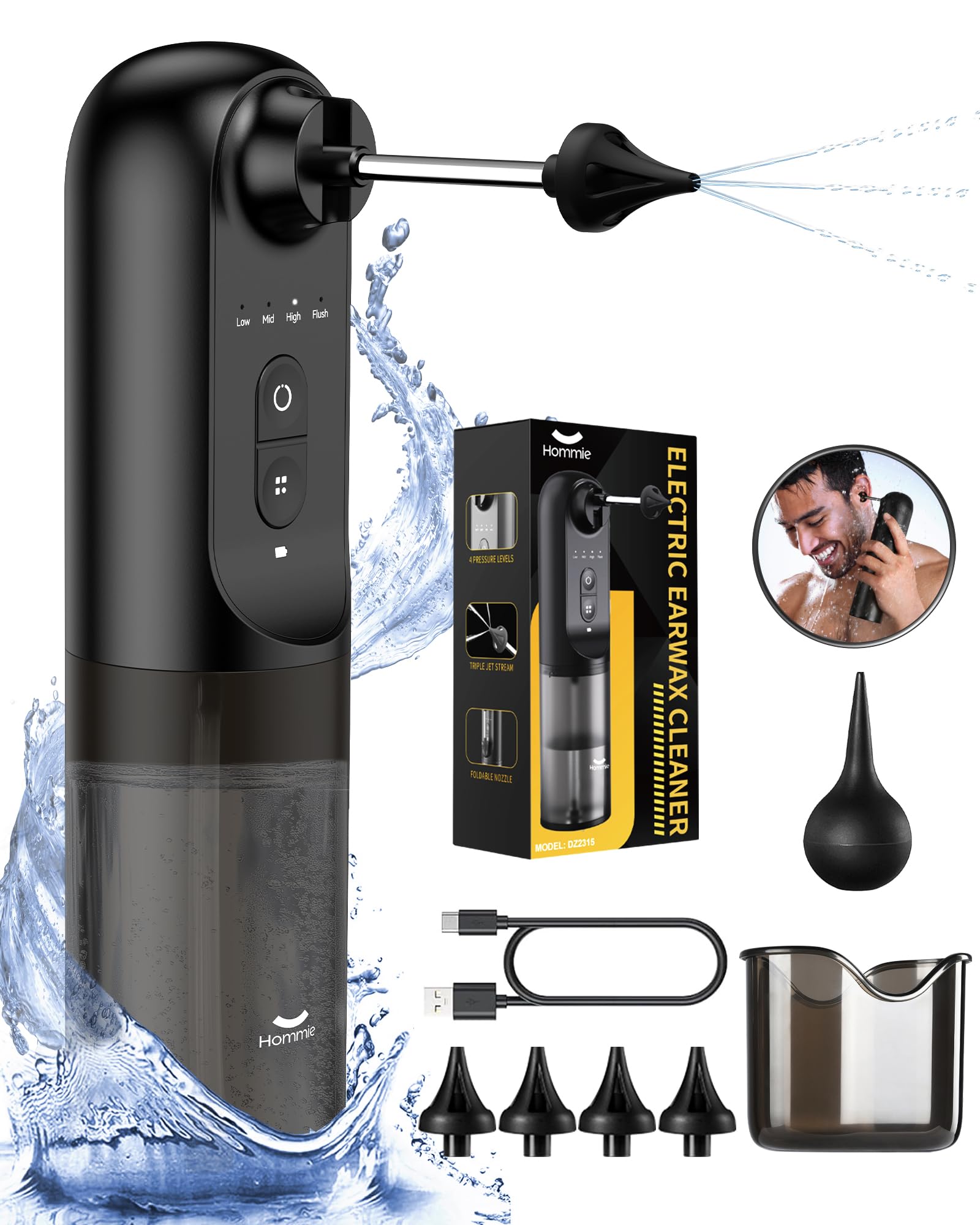 Hommie Kit Elettrico per la Rimozione del Cerume, Impermeabile IPX7 Kit di Irrigazione per la Pulizia delle Orecchie con 4 Punte Riutilizzabili
