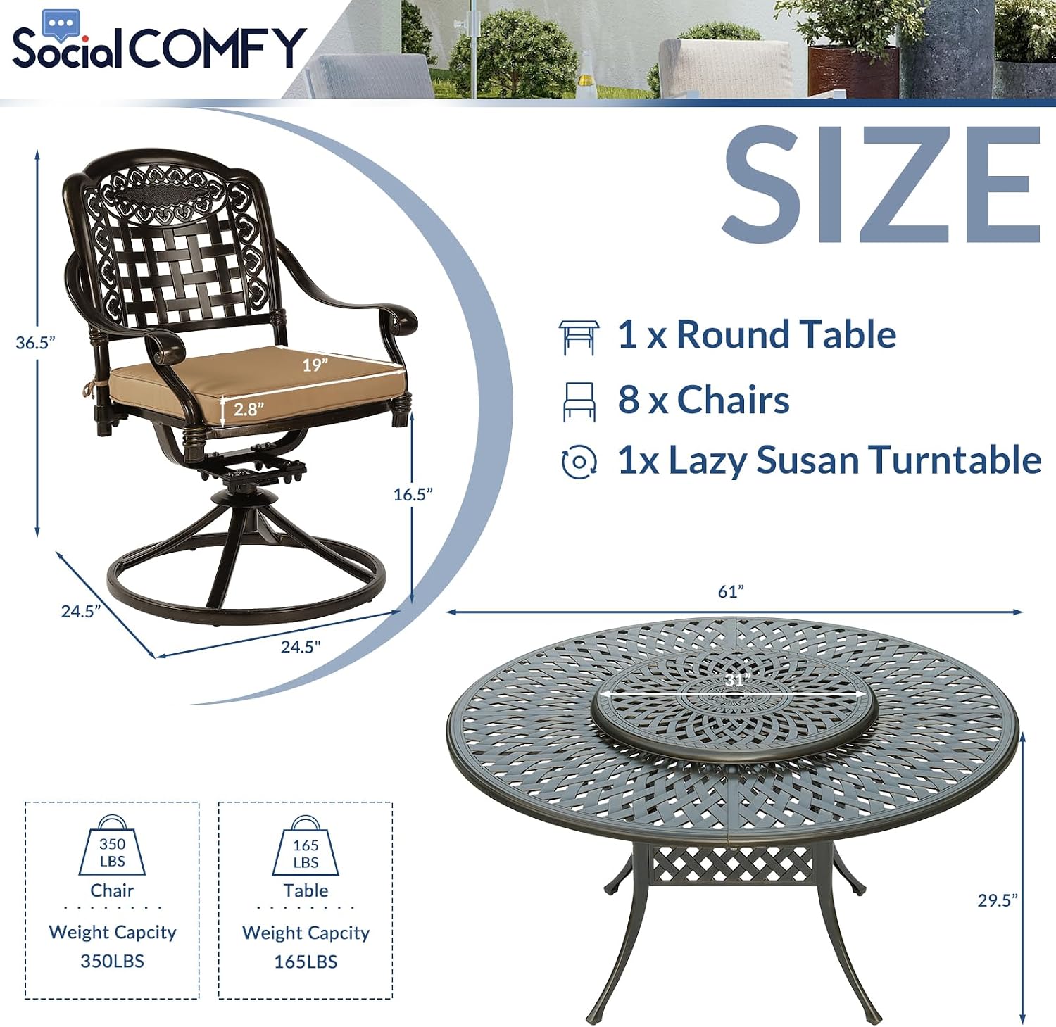 9-Piece Patio Cast Aluminum Dining Set, Outdoor Dining Furniture Set for 8 Person, Includes 8 Swivel Dining Chairs and 61" Large Round Dining Table with 31" Lazy Susan, Umbrella Hole, Tan