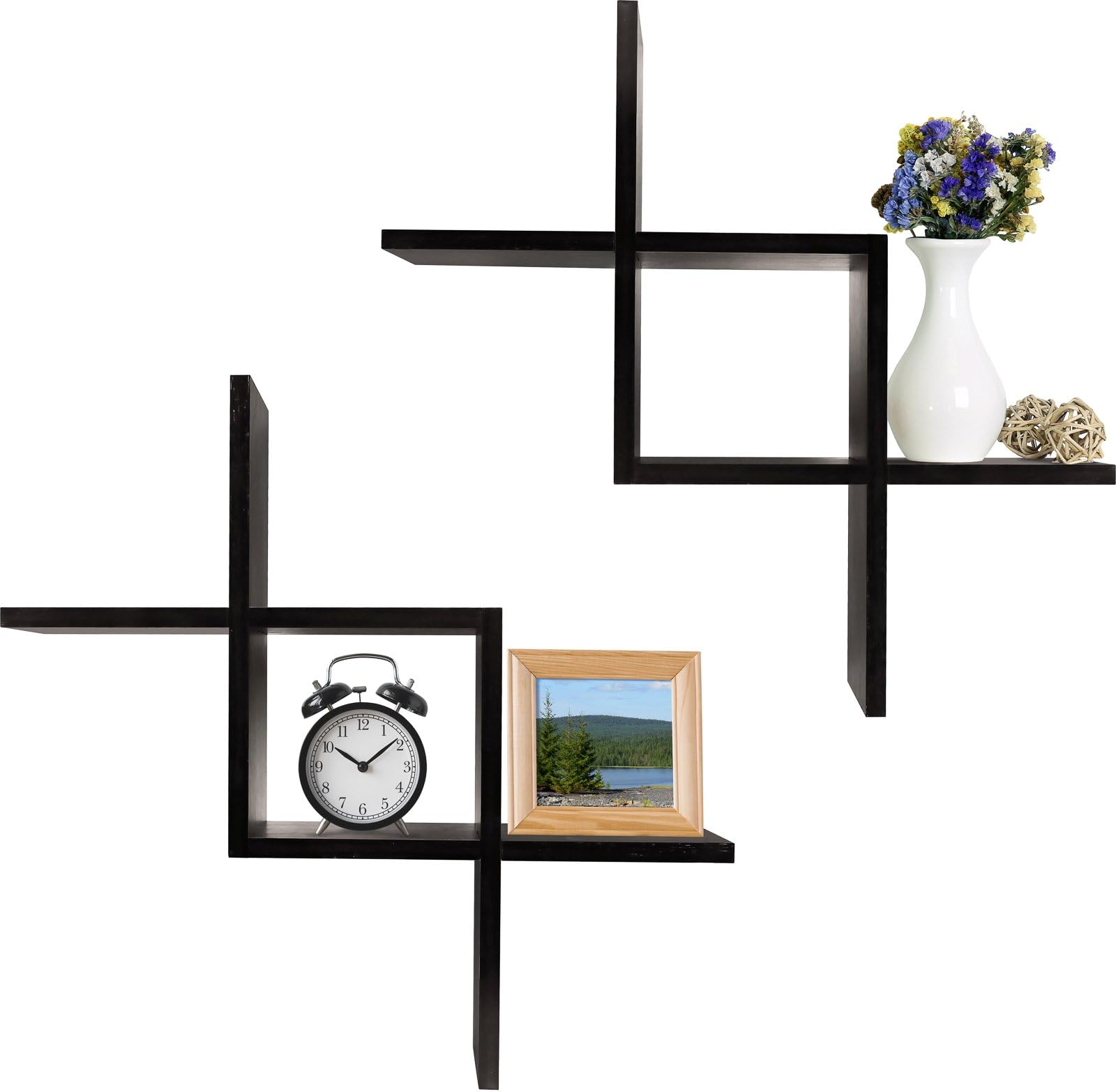 Greenco Criss Cross Intersecting Floating Shelf, Easy-To-Assemble Floating Wall Mount Shelves for Bedrooms and Living Rooms, Espresso Finish