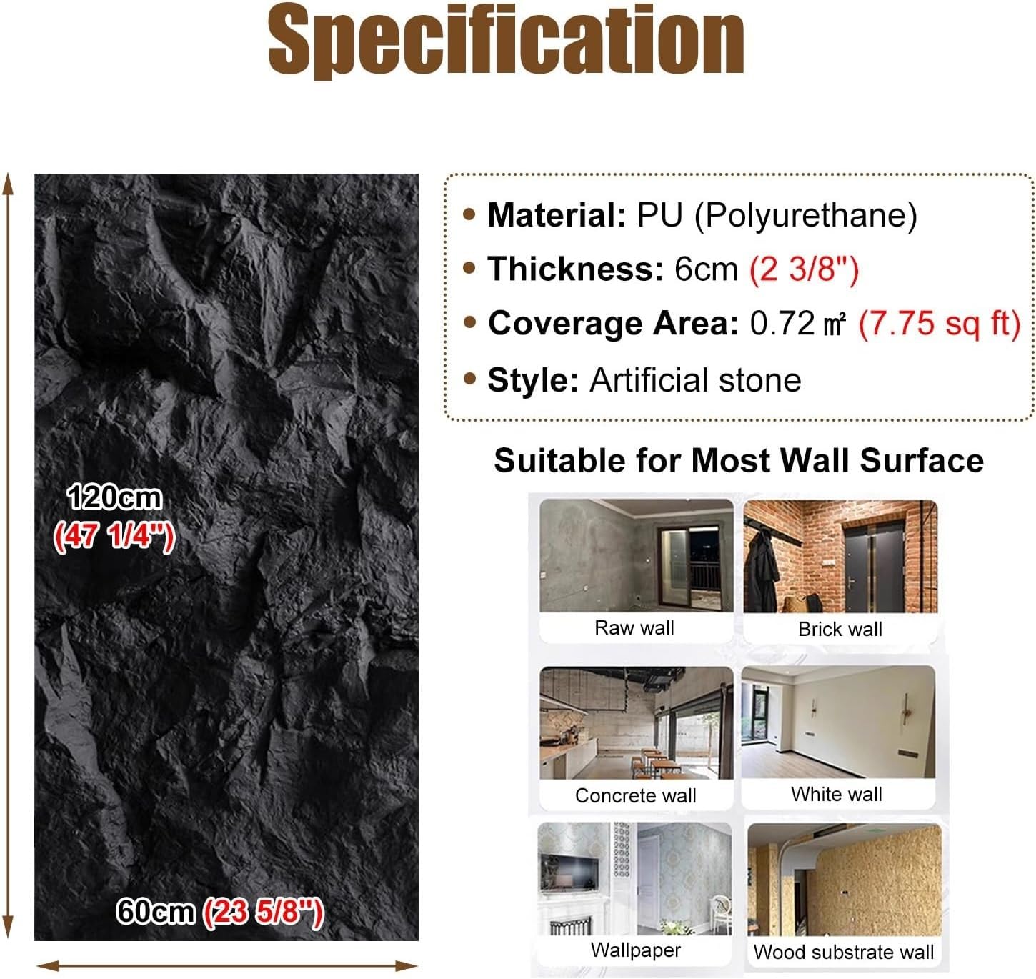 Pannelli Murali 3D Effetto Pietra - 120x60cm | Rivestimento Murale in PU Spesso 6cm per Interni ed Esterni, Decorazione Murale Impermeabile(Black,5pcs)
