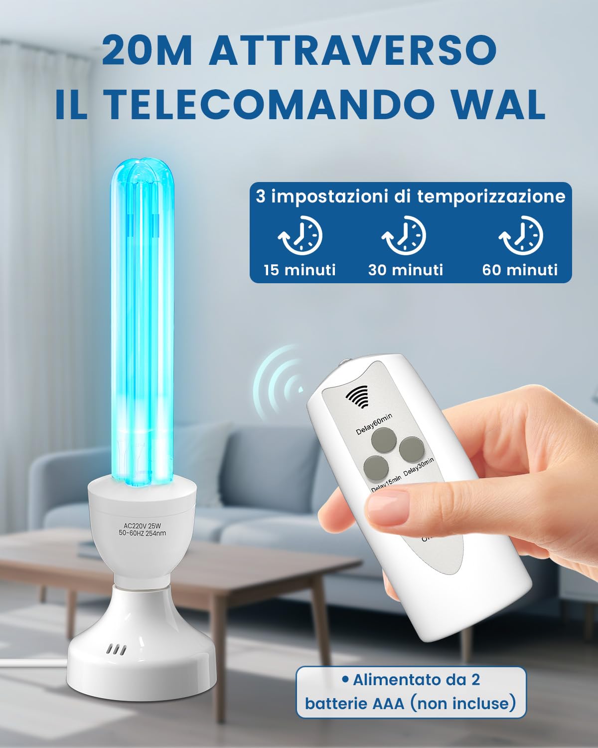 Lampada UV Ozono E27 25W con telecomando e timer, Lampada Germicida Raggi UVC 254nm con Tubo al Quarzo Brine Ozono Contro Batteri Virus e Acari per Case, Uffici, Ristoranti e Scuola