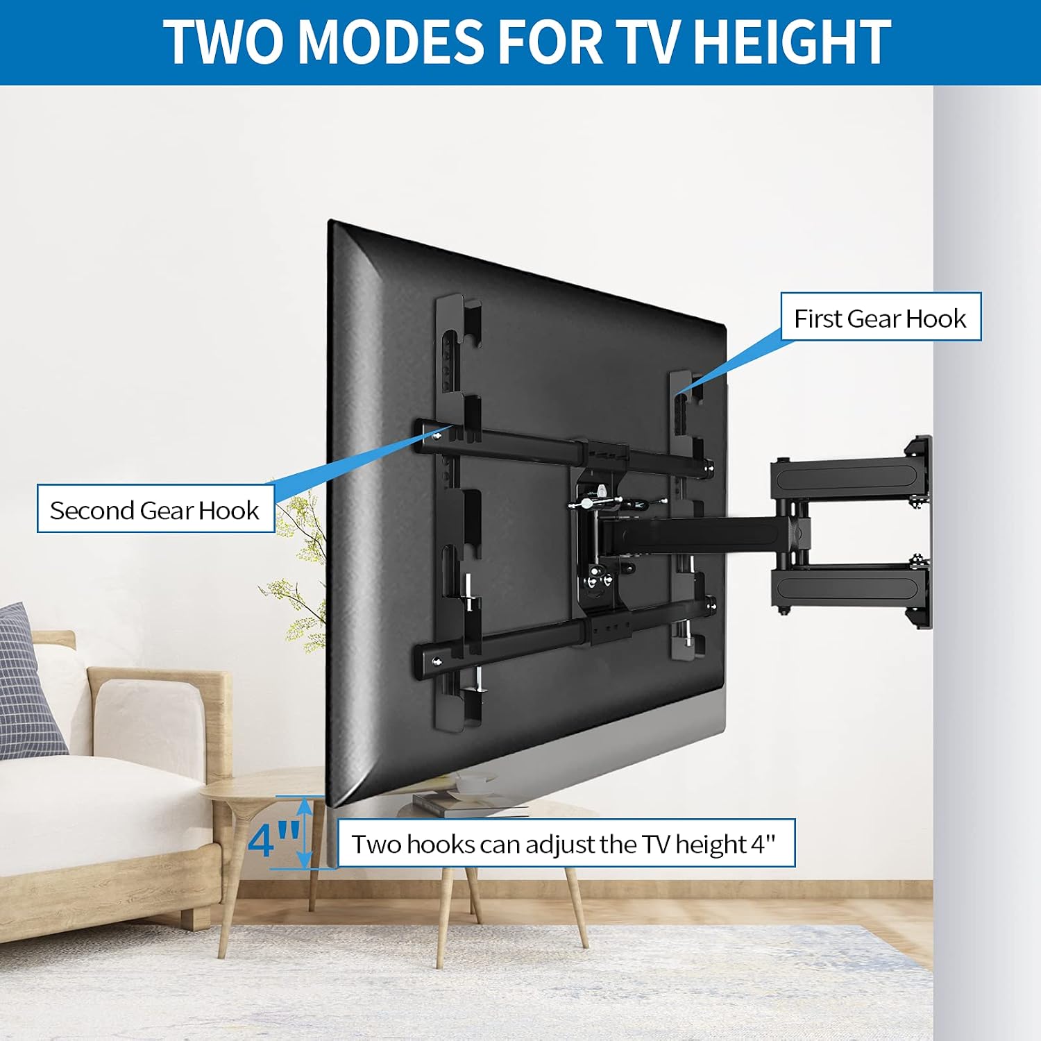 Full Motion TV Wall Mount with Height Setting JUSTSTONE TV Mount for Most 37-82 Inch Flat Curved TVs,TV Bracket Dual Articulating Arms Swivels Tilts Rotation Holds up to 121lbs, Max VESA 600X400mm